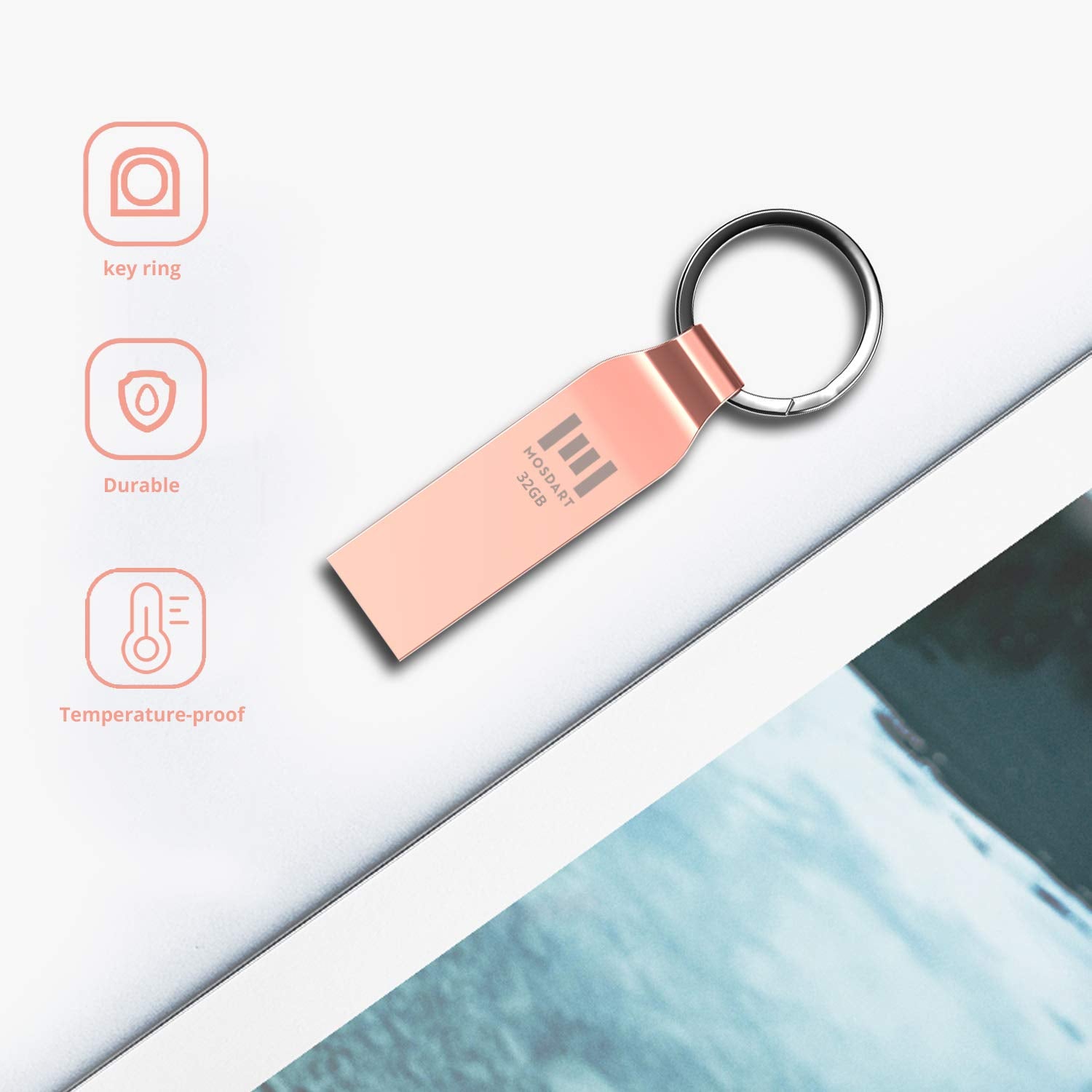 Mosdart Waterproof 32Gb Usb2.0 Flash Drive, Fat32 Metal Memory Stick With Keychain, For System Back, Data Storage, Rose Gold(Pac