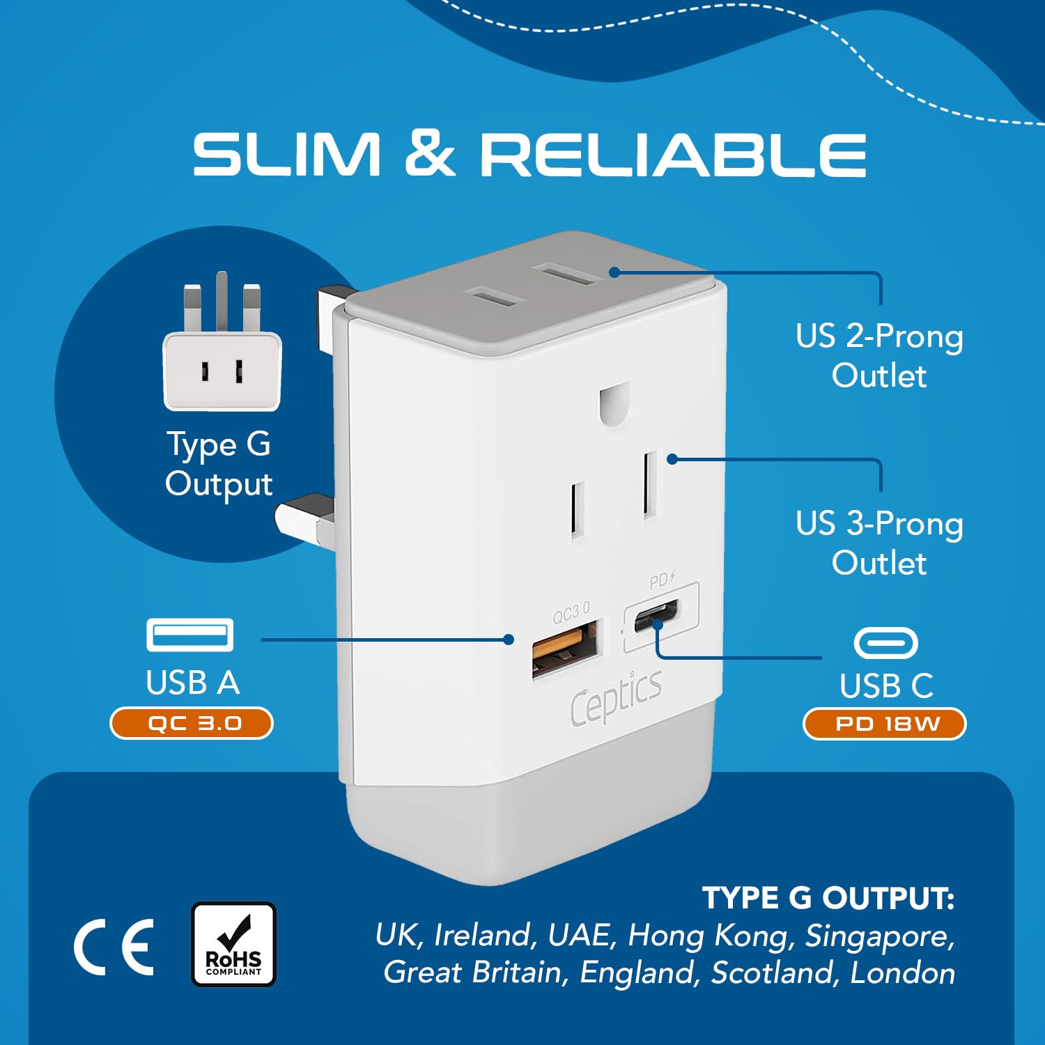 Ceptics Uk Ireland Hong Kong Plug Adapter, International Power Plug With Usb & Usb C   2 Usa Socket, Qc 3.0 & Pd   Type G Outlet