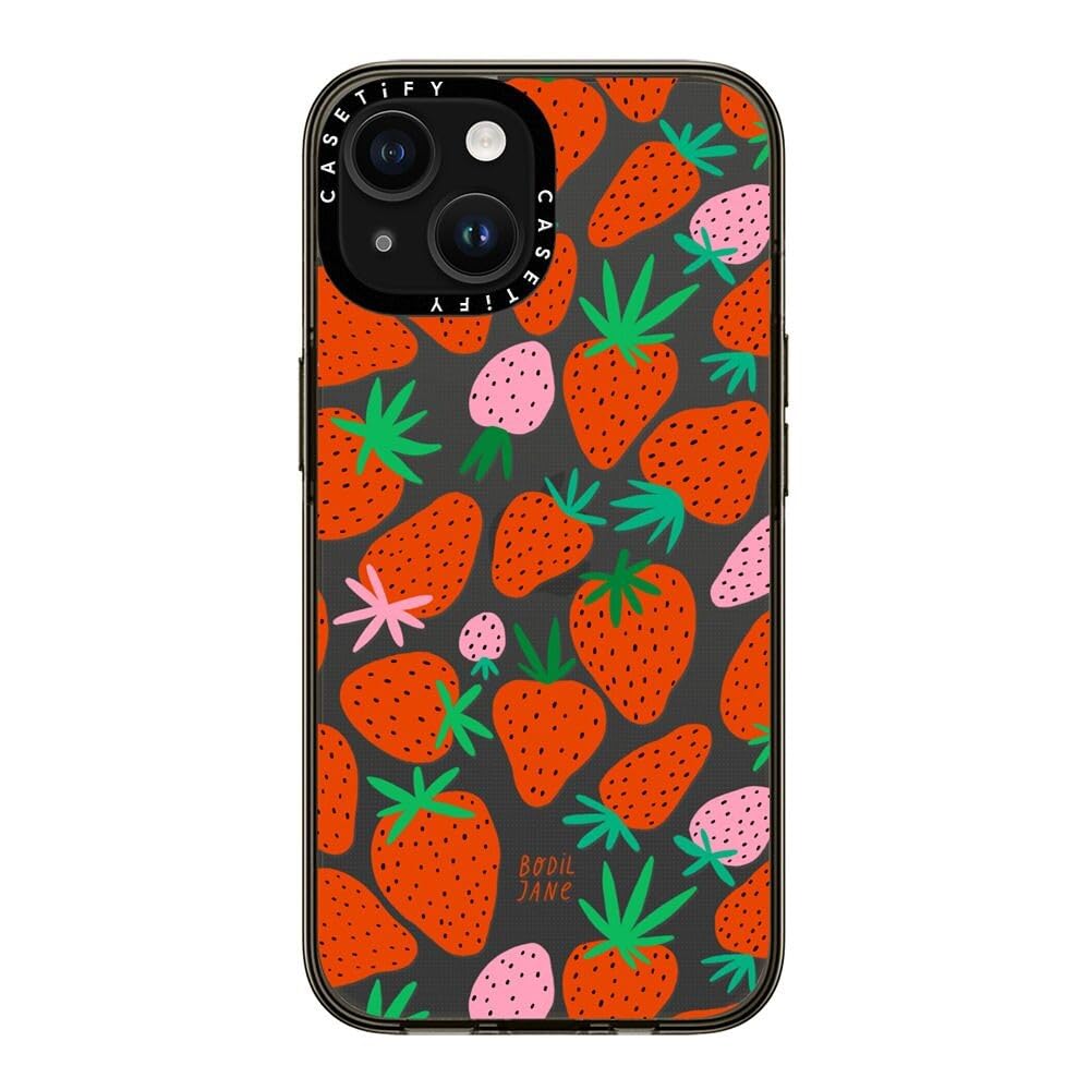 Casetify Compact Case For Iphone 15 [2X Military Grade Drop Tested / 4Ft Drop Protection]   Strawberries   Clear Black