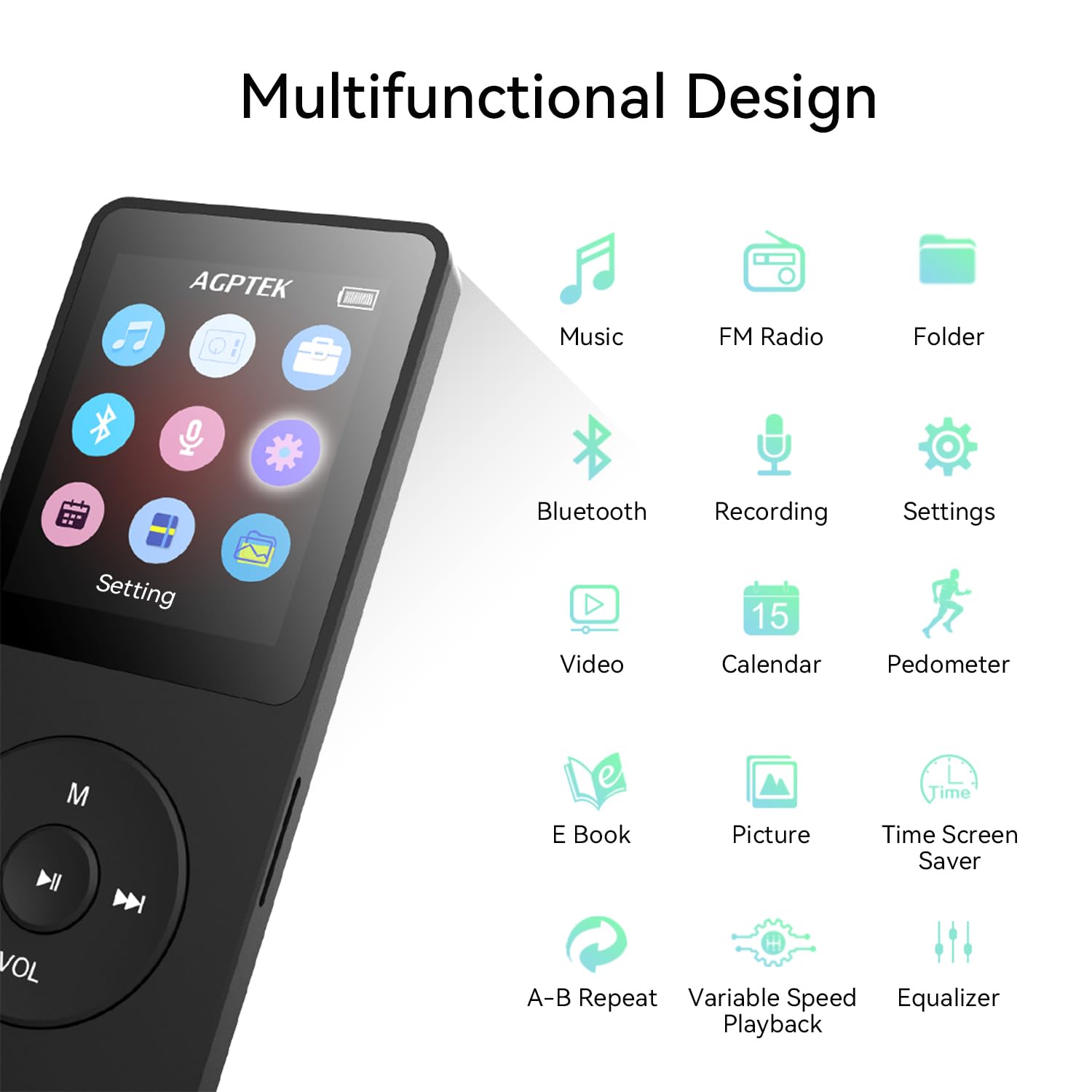 Agptek A02X 32Gb Mp3 Player With Bluetooth 5.3, 1.8 Inch Screen Portable Music Player With Speaker, Fm Radio, Voice Recorder, Su