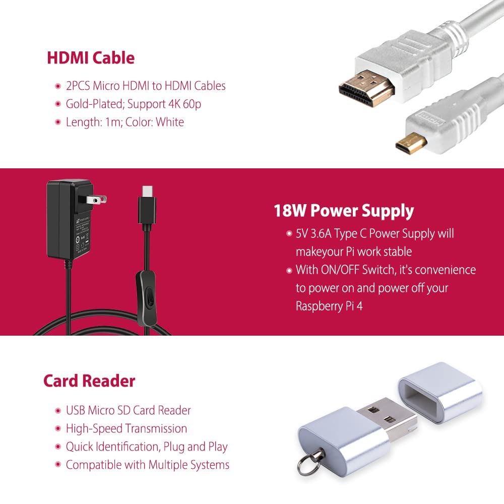 Geeekpi Starter Kit For Raspberry Pi 4 4Gb, With Raspberry Pi 4, Case, 64Gb Card, Card Reader, Hdmi Cables And 18W Usb C Power S