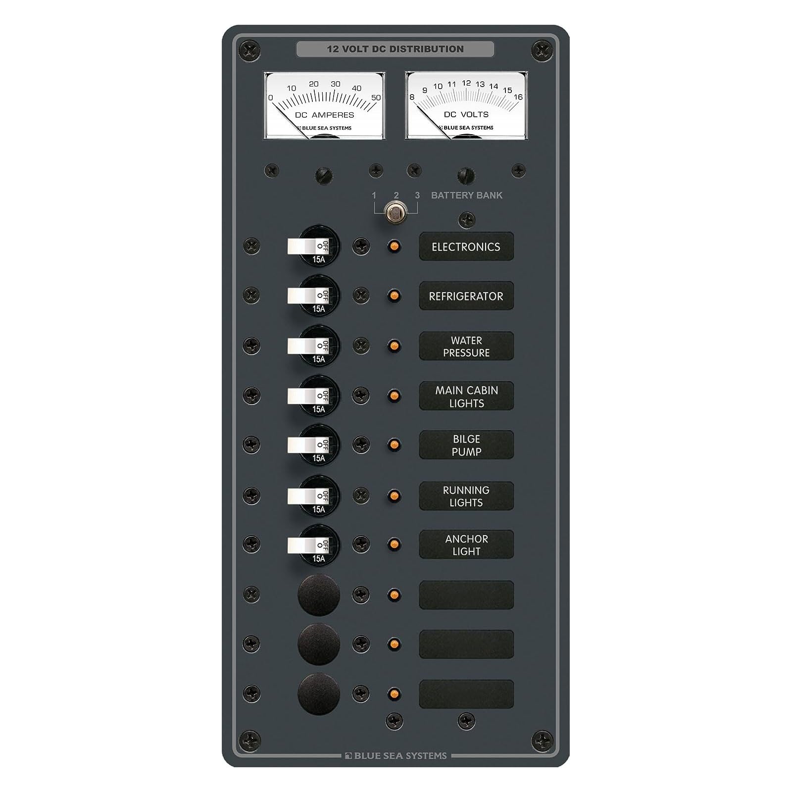 Blue Sea Systems 8082 Panel Dc 10 Pos W/Volt & Amtr Dc 10 Position, 5 1/4'' W X 11 1/2'' H,Black