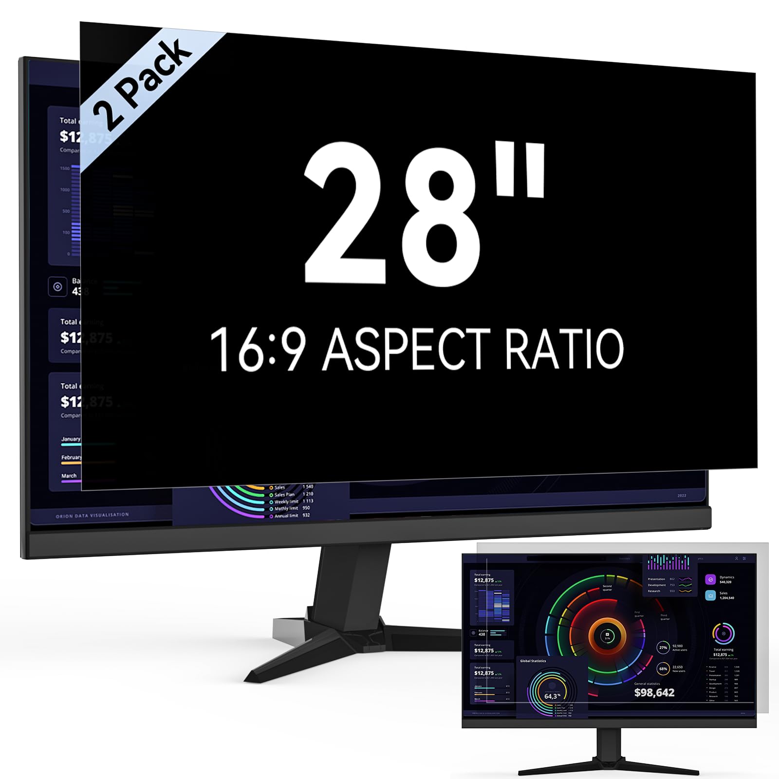 Protescreen [2 Pack 28 Inch Computer Privacy Screen Filter For 16:9 Widescreen Monitor, Removable Eye Protection Anti Glare Blue