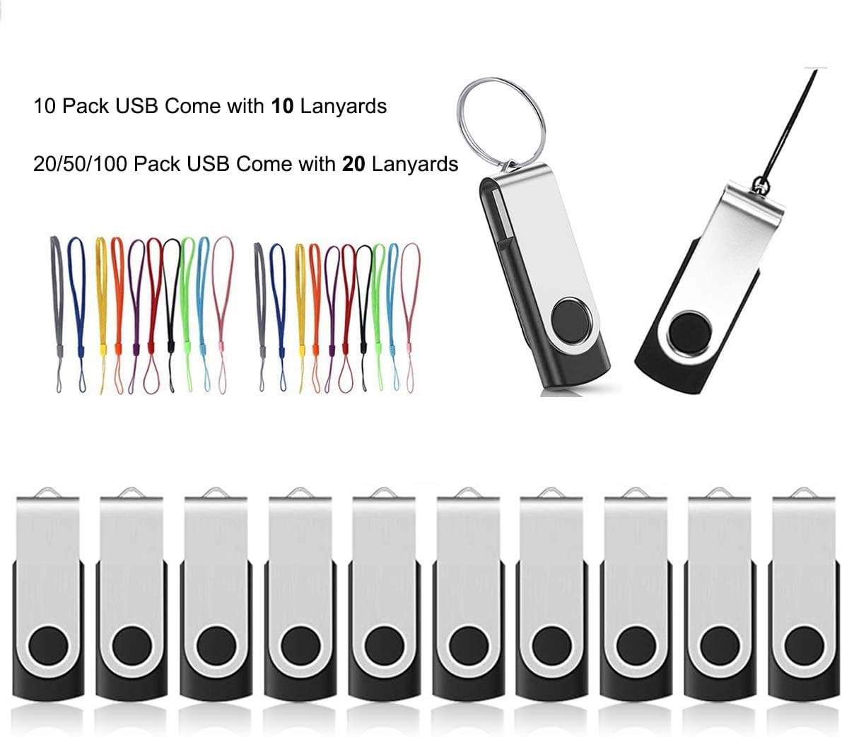 Aretop 10 Pack 16Gb Flash Drive Bulk Thumb Drives Usb 2.0 Metal Memory Sticks With Lanyard,Portable Keychain Jump Drive Multipack For Date Storage At Home & Office Black