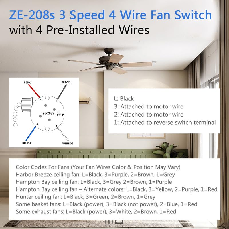 Ceiling Fan Switch Ze 208S Pull Chain Switch 3 Speed 4 Wire Switch Fan Replacement Part With 4 Pre Installed Wires  Nickel Chain
