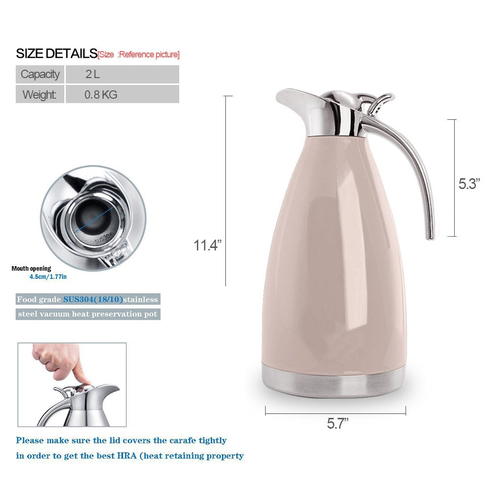 BonNoces 68 Oz Stainless Steel Thermal Carafe - Pink Double Walled Insulated Thermos for Coffee & Tea - Model 8541894049