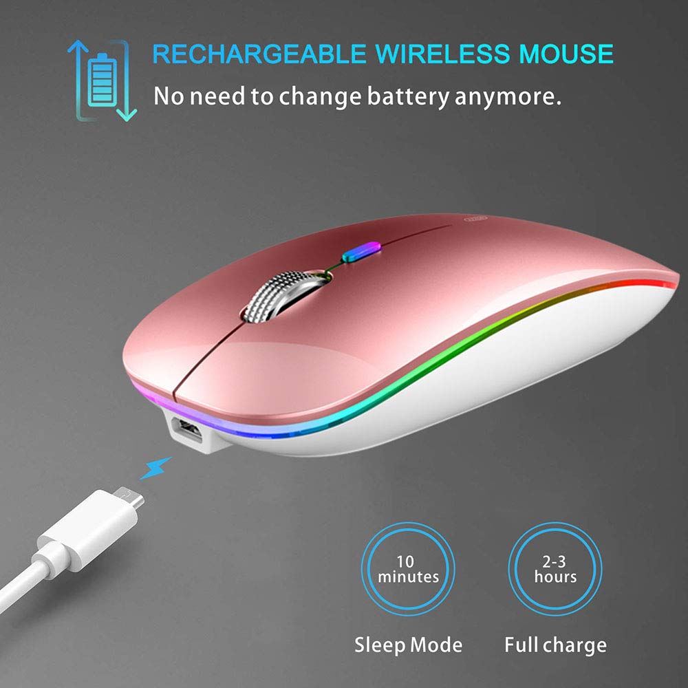 Tenmos Wireless Bluetooth Mouse, Led Slim (Bluetooth 5.1 + Usb) 2.4Ghz Rechargeable Silent Bluetooth Wireless Mouse With Type C Adapter For Laptop/Macbook/Ipad Os 13 And Above (Rose Gold)