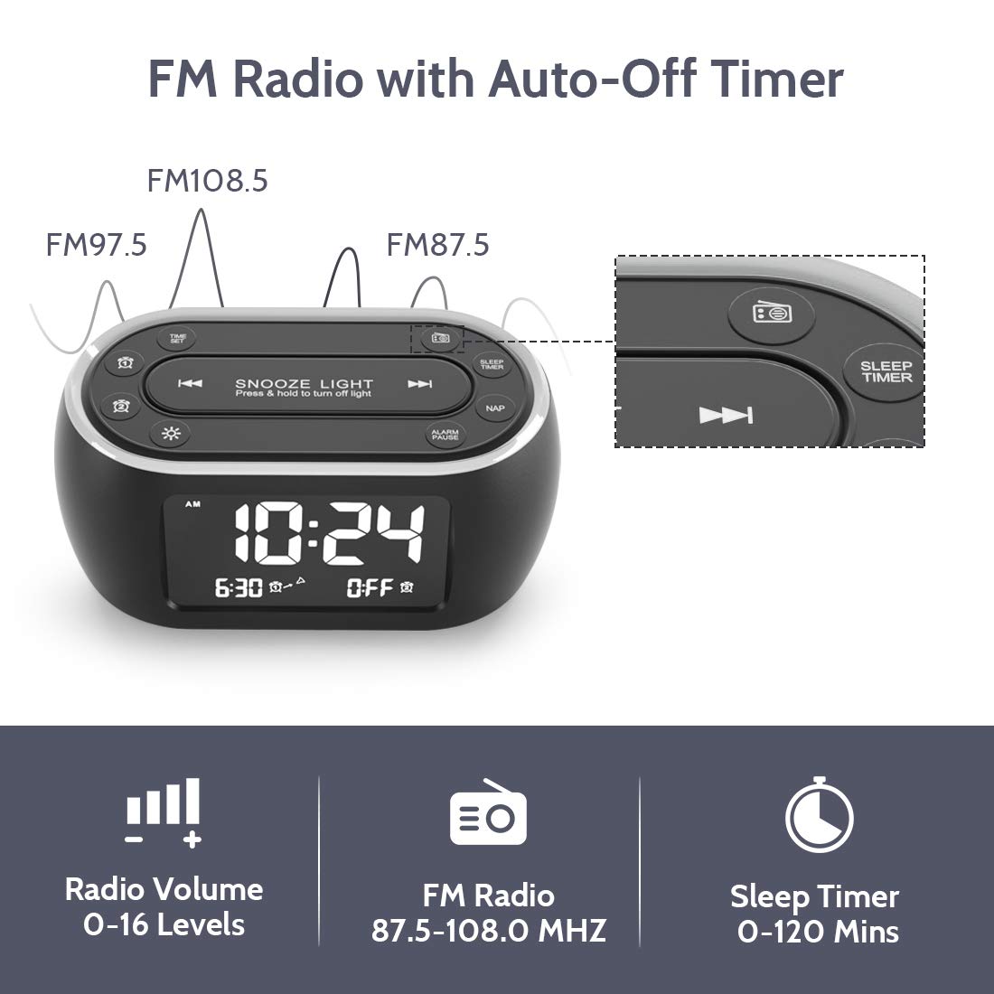 Housbay Glow Small Alarm Clock Radio For Bedrooms With 7 Color Night Light, Dual Alarm, Dimmer, Usb Charger, Battery Backup, Nap