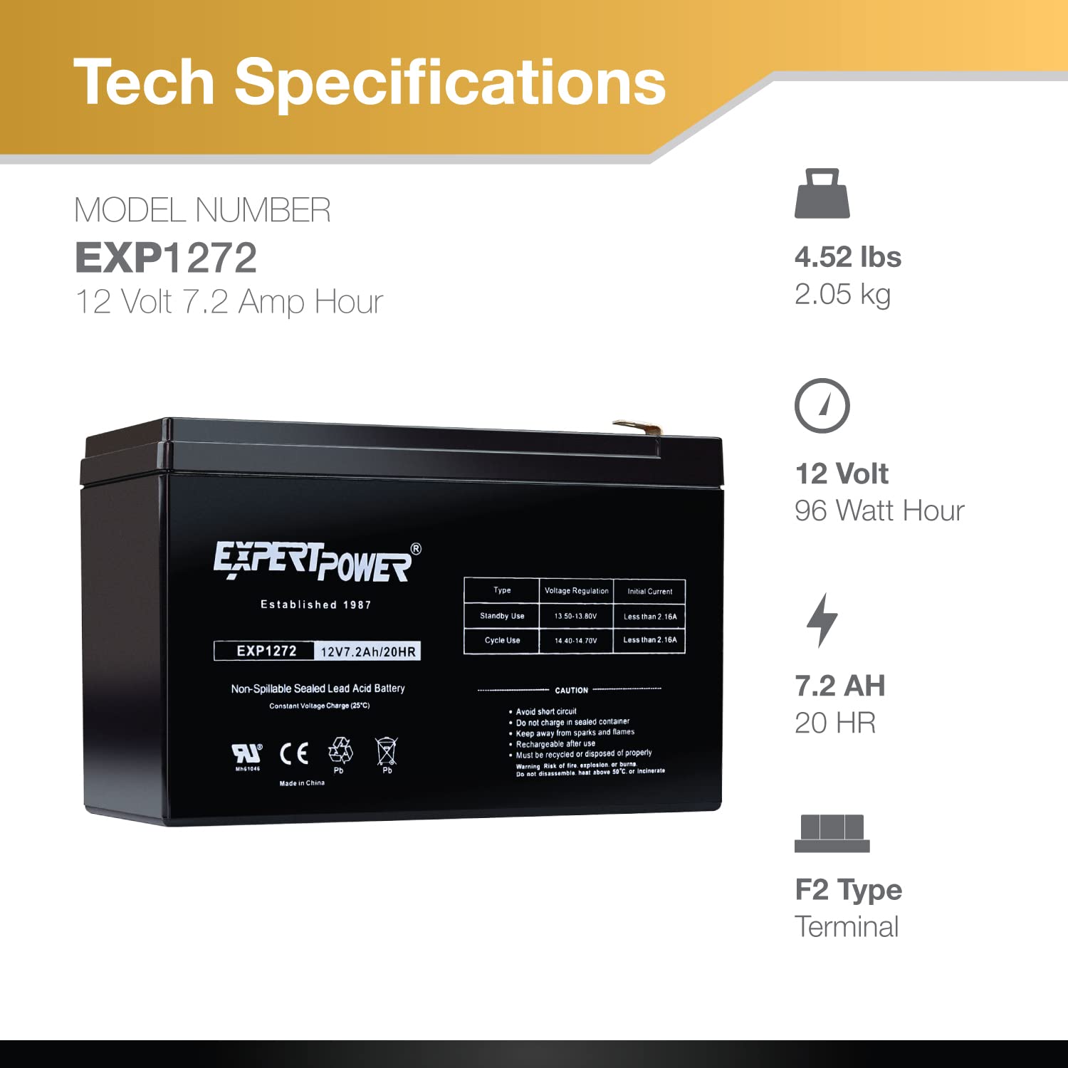 Expertpower 12V 7.2Ah Sealed Lead Acid (Sla) Rechargeable Battery For Security Alarm System With F2 Terminals || Exp1272