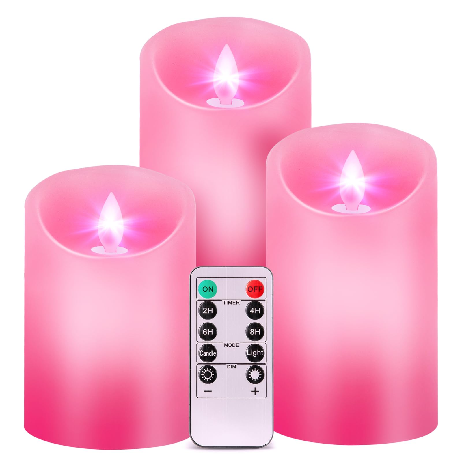 Windshell Pink Flame Candles (Pink Led Light Source), Moving Wick Design, Remote Control With Timer And Dimmer, Real Wax/Battery