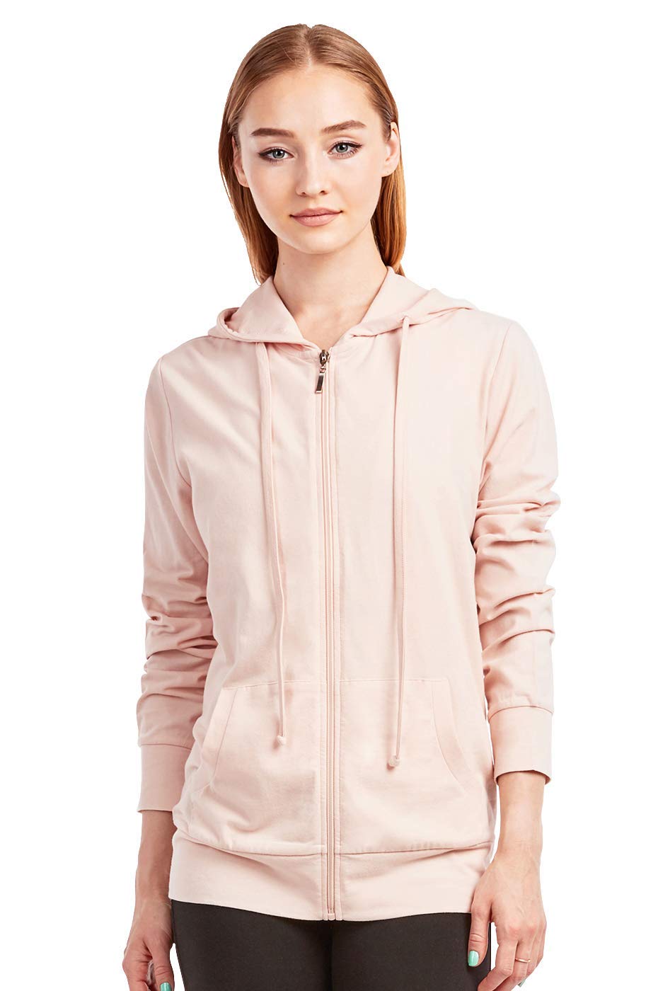 Womens Thin Cotton Zip Up Hoodie Jacket (M, Blush)