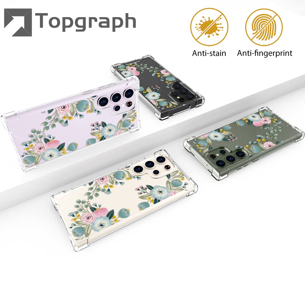 Topgraph Case Cute Flower Floral Clear For Women Girly Designer Girls For Galaxy S23 Ultra, Transparent Phone Case Flower Design