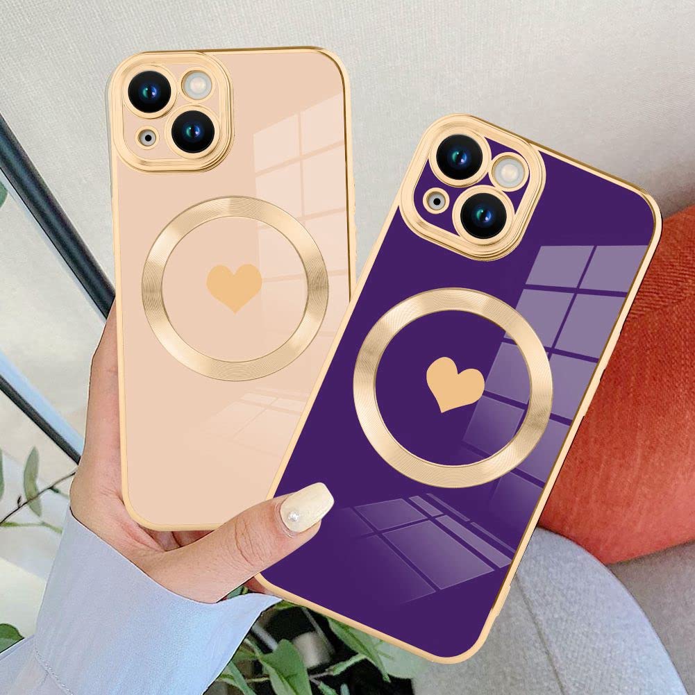 Tharlet Magnetic For Iphone 14 Case [Compatible With Magsafe] Cute Love Luxury Plating Edge Bumper Case With Full Camera Lens Ca