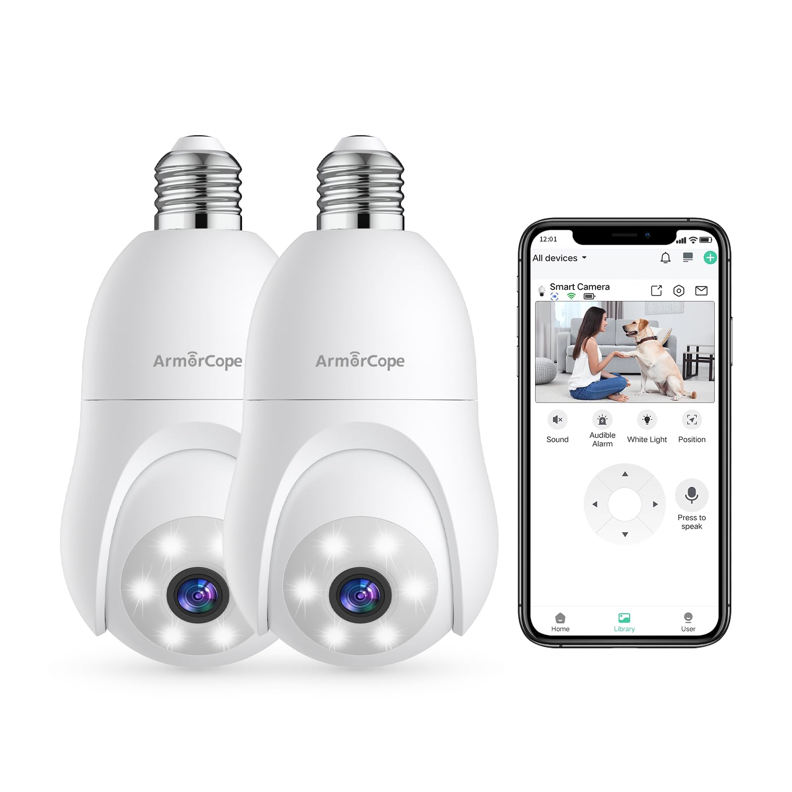 Armorcope 2K Light Bulb Security Camera 2.4Ghz,360 Motion Tracking Wireless Security Camera Outside,Full Color Night Vision Indo