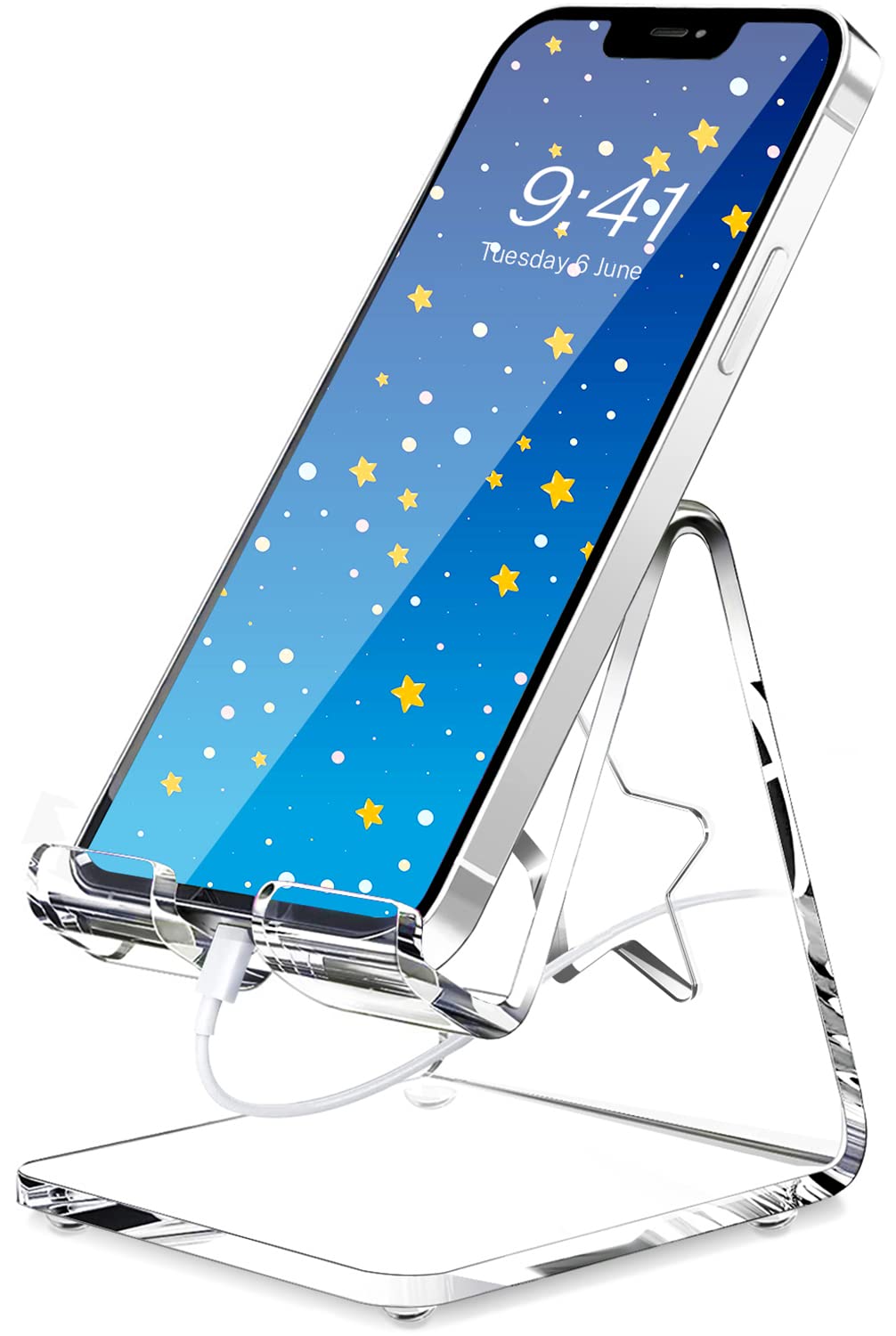 Crpich Acrylic Cell Phone Stand For Desk, Clear Phone Holder With Star Shaped Charging Hole, Compatible With Phone15 14 13 12 Pr