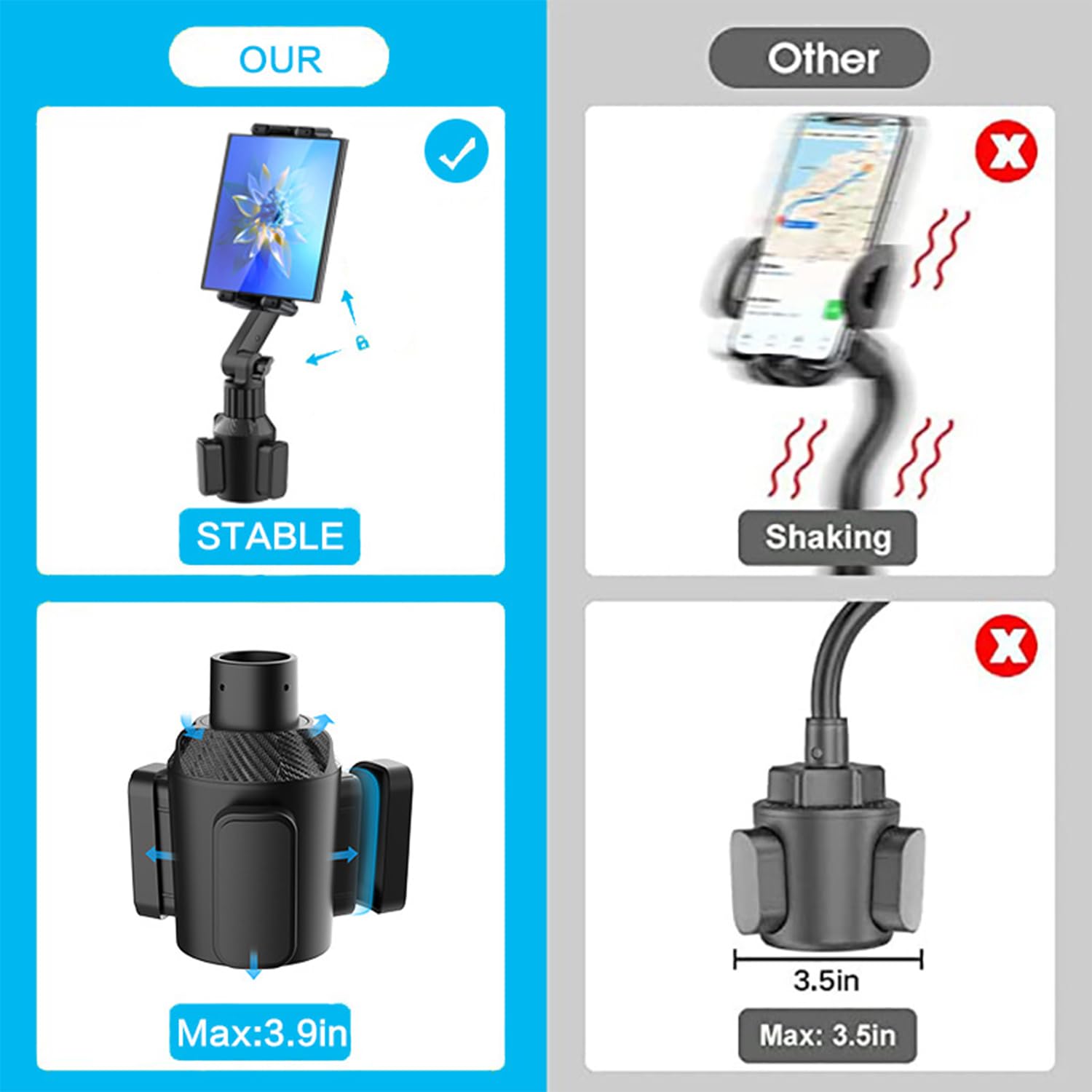 Wuitin Cup Holder Car Tablet Mount For Car, 360 Adjustable 15'' Long 2 Arm Stand Holder For Ipad,Samsung Galaxy Tab/Z Fold 4/3,