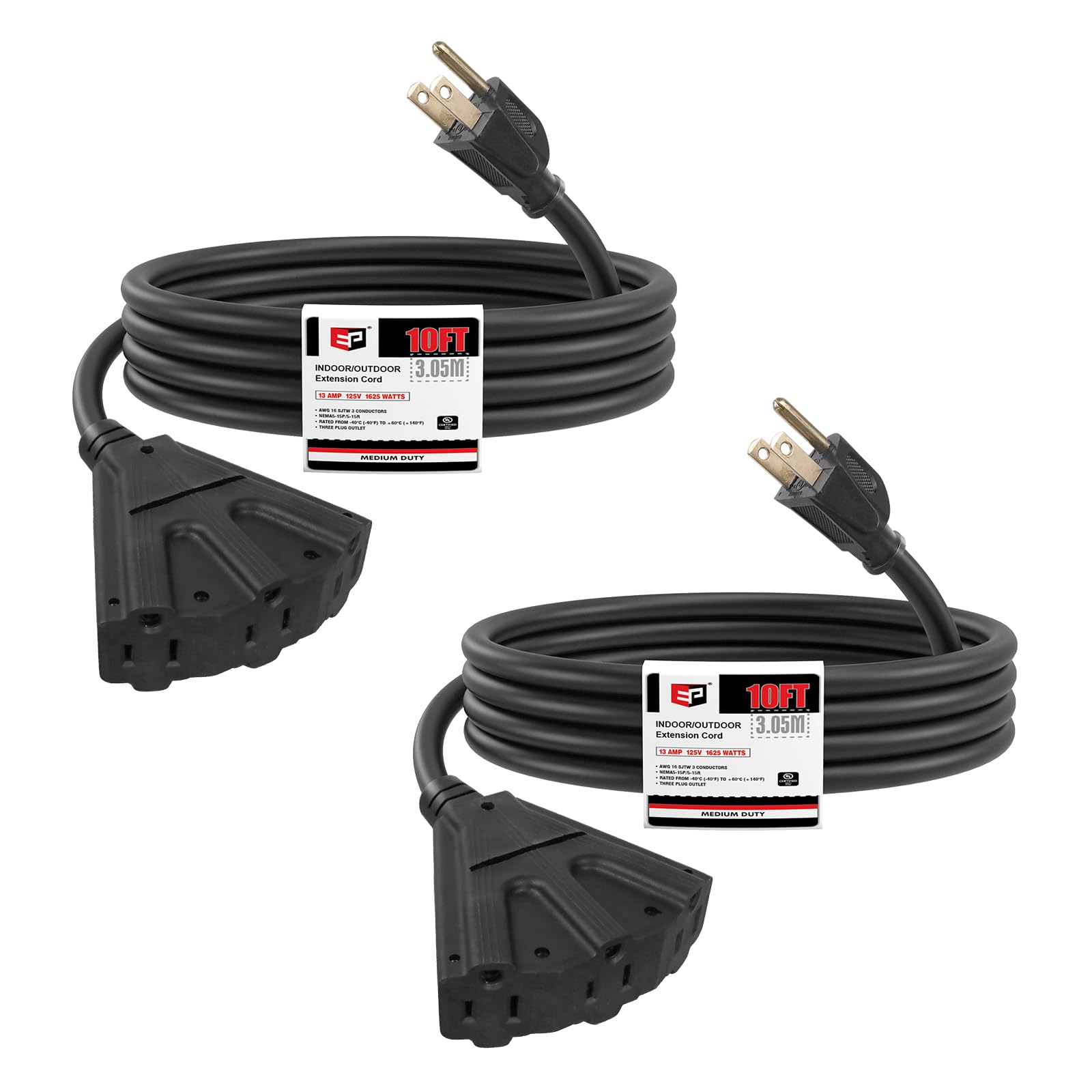Ep 2 Pack 10 Ft Outdoor Extension Cord With 3 Electrical Power Outlets   16/3 Sjtw Black Cable With 3 Prong Grounded Plug For Sa