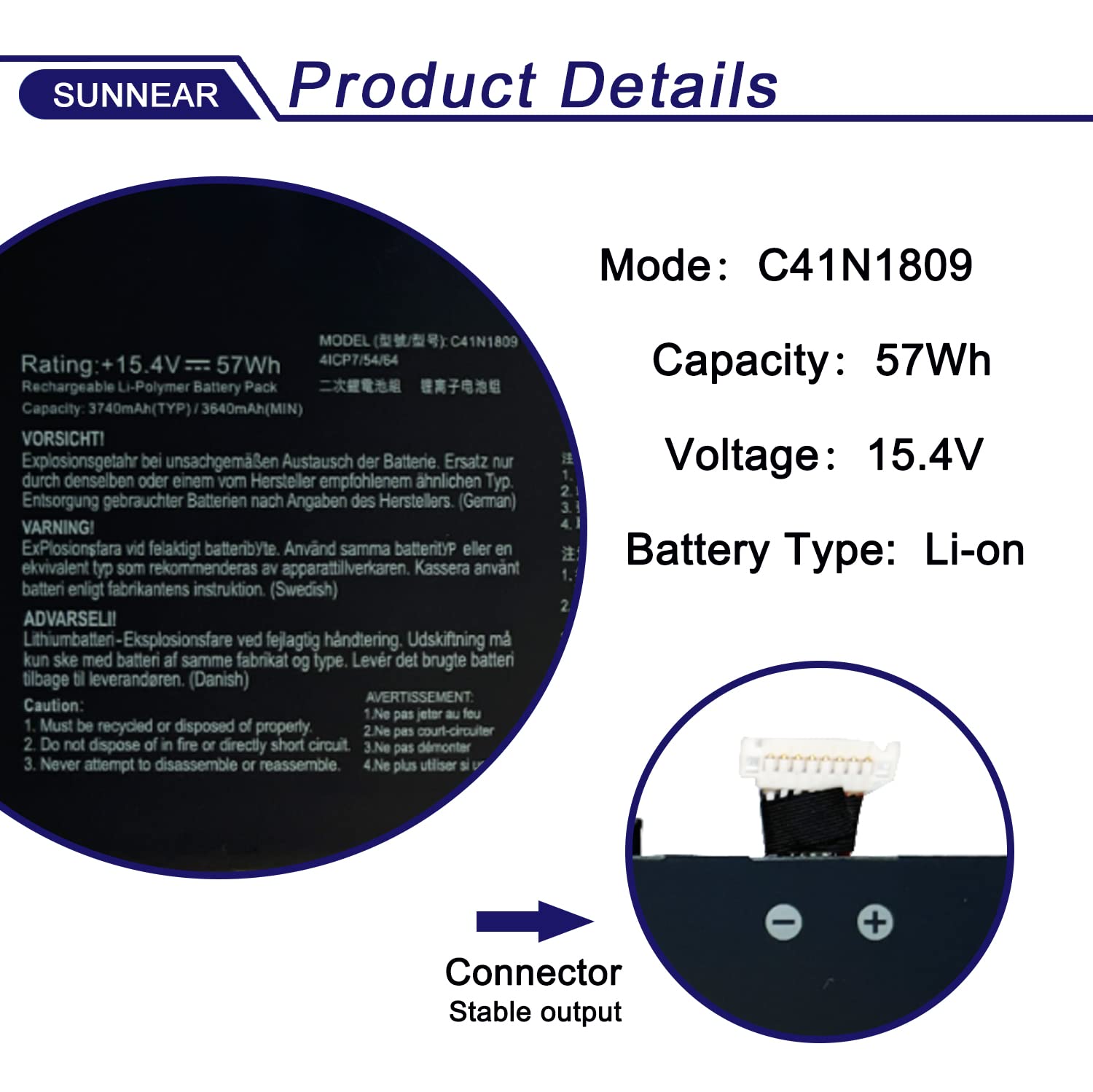 Sunnear C41N1809 4Cells Laptop Battery Compatible With Asus Zenbook Ux562 Ux562Fn Ux562Fd Ux562Fdx Q536F Q536Fd Series Notebook