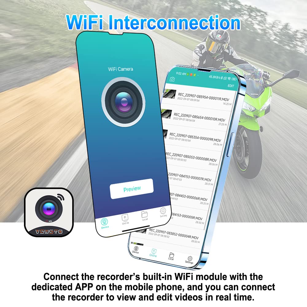 Vsysto Wifi Motorcycle Dash Camera Hd 1080P Front And Rear Camera, Full Body Waterproof Dvr With Gps, High Speed Download Videos