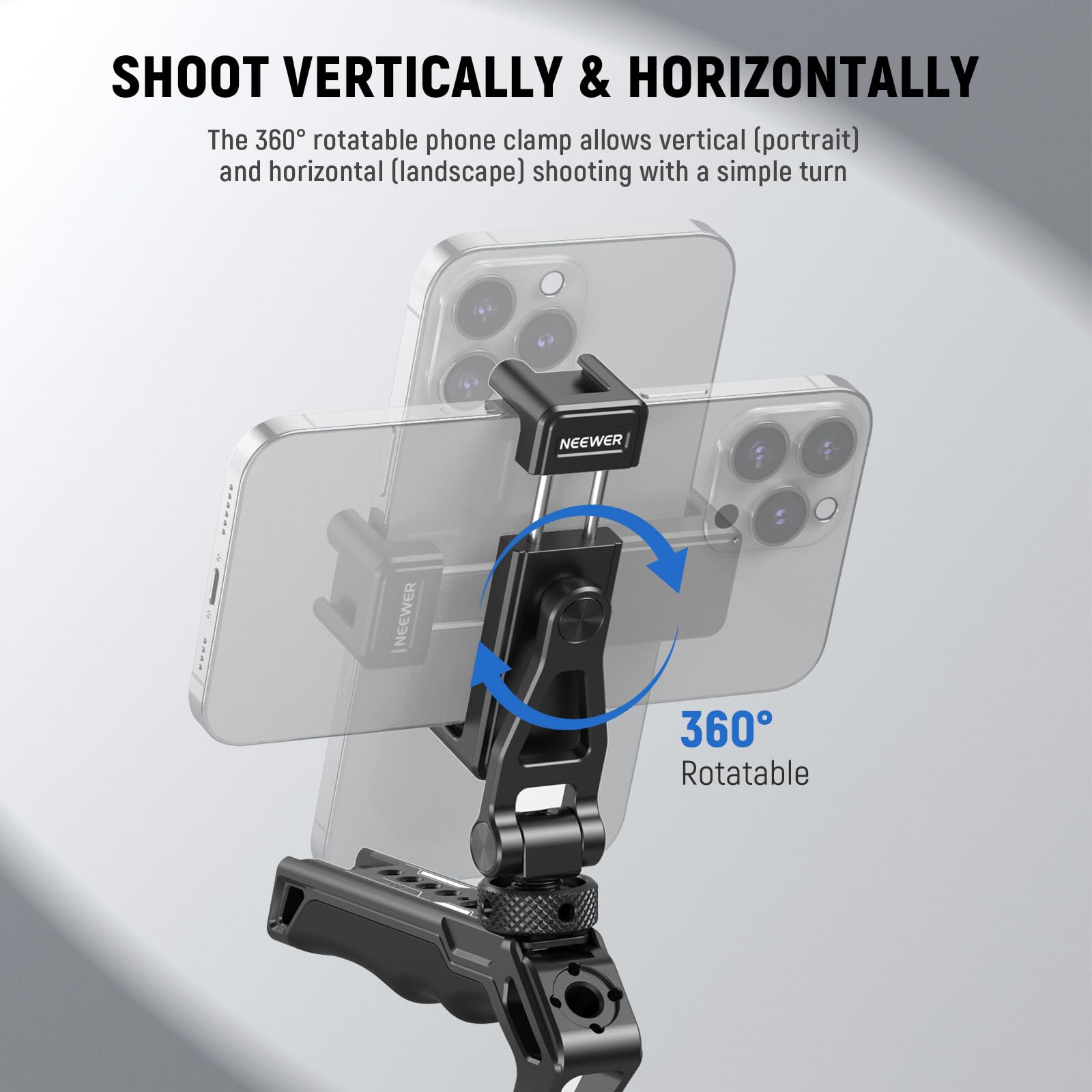 Neewer Metal Phone Tripod Mount With Cold Shoes, 1/4'' Thread, 180 Tilt, 360 Rotation, Adjustable Phone Clamp Metal Phone Holder