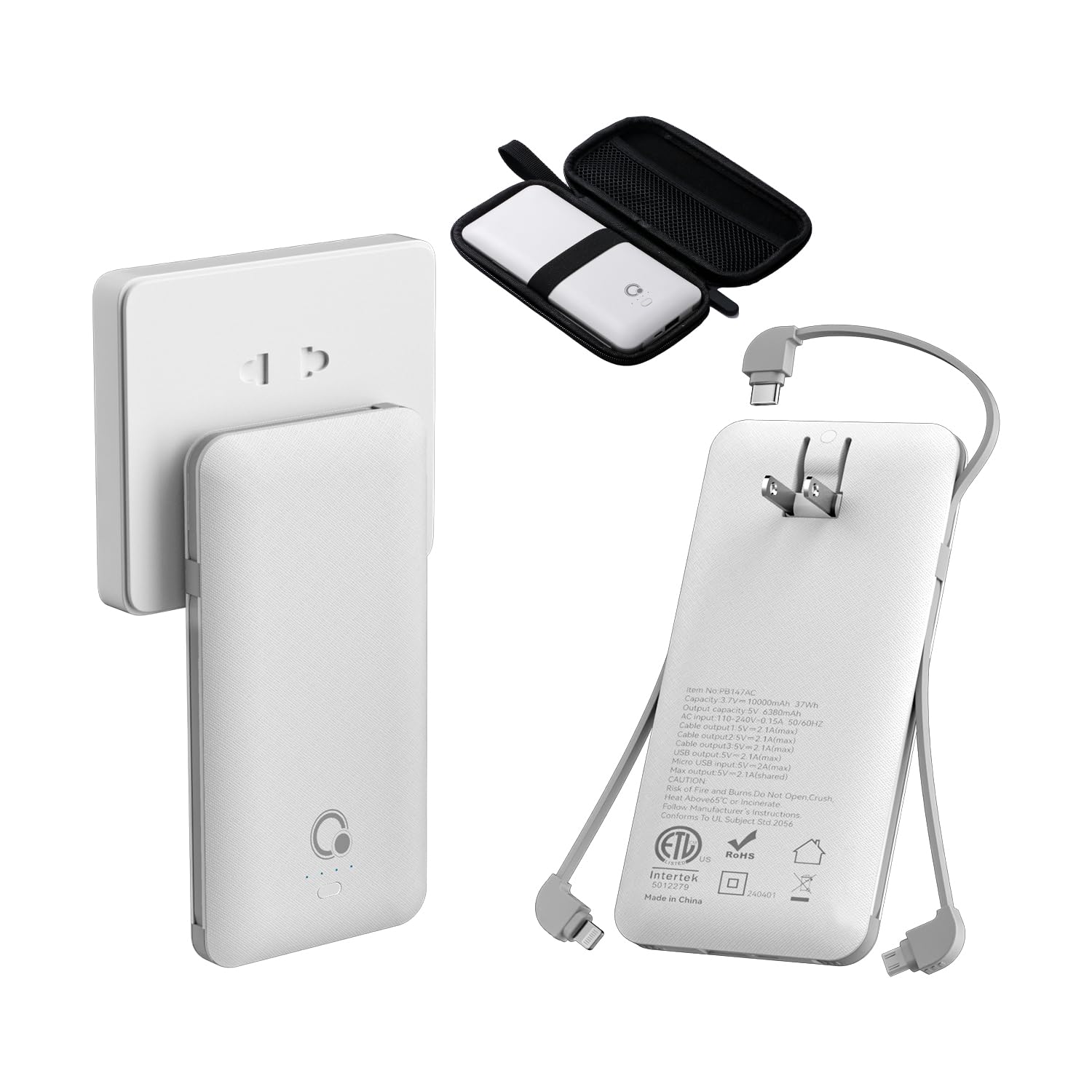 Q 10000Mah Power Bank, Slim Portable Charger,4 Output External Battery Pack With Built In Ac Wall Plug Micro Usb C Three Cables