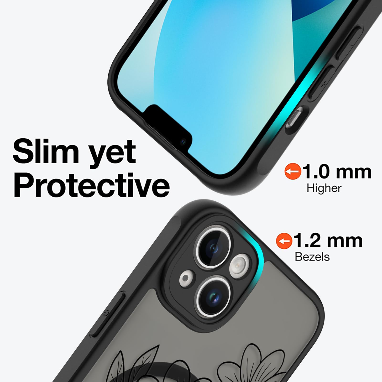 Ook Magnetic For Iphone 13 Case Black Flower Sunflower Pattern [Compatible With Magsafe] Slim Translucent Matte Camera Lens Prot