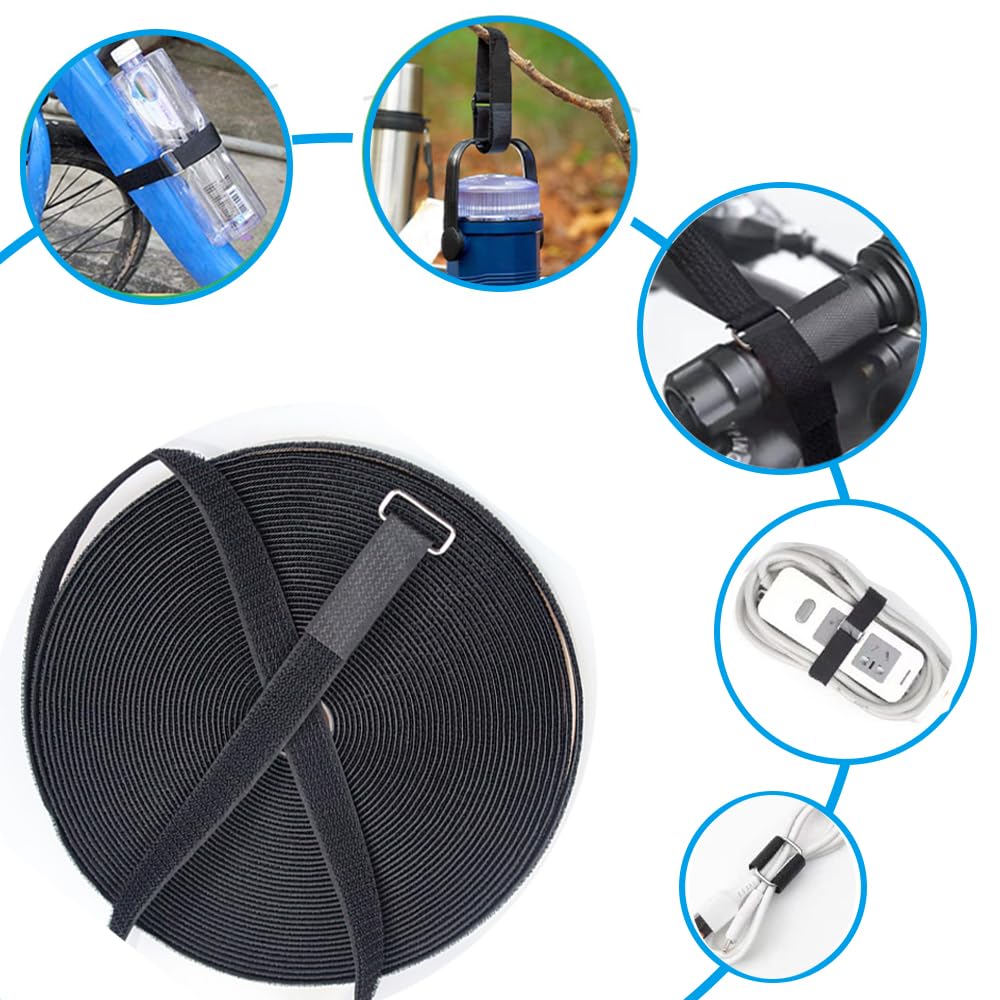 Amsthow 39Ft Black Straps 1 Inch Cinch Straps Long Adhesive Adjustable Reusable Storage Nylon Loop Binding Management Cable Ties