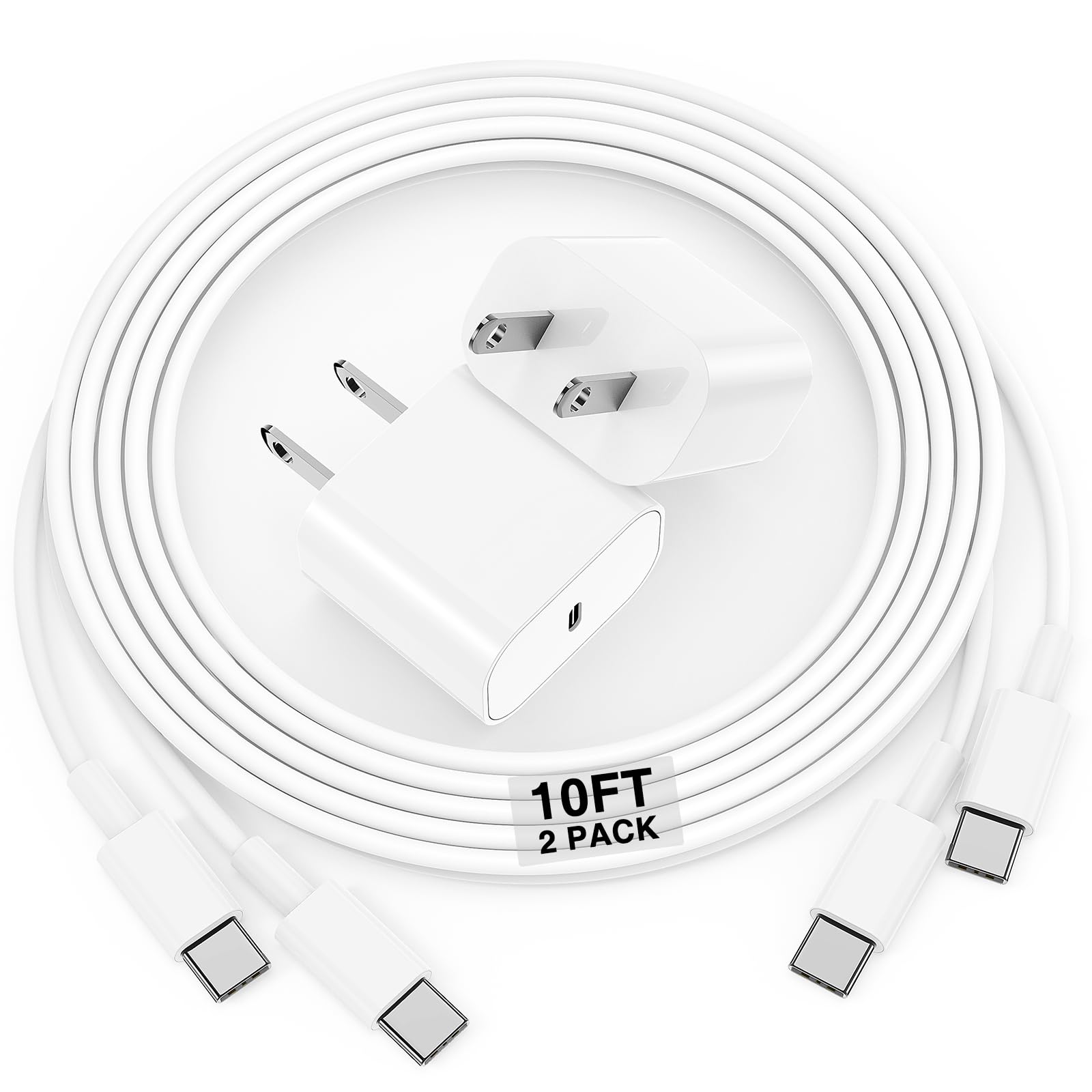iPhone 17 16 15 Charger and 10ft Type C to C Cable Cord Long, 20W USB C Fast Wall Charging Block Plug Power Adapter Cube Brick f