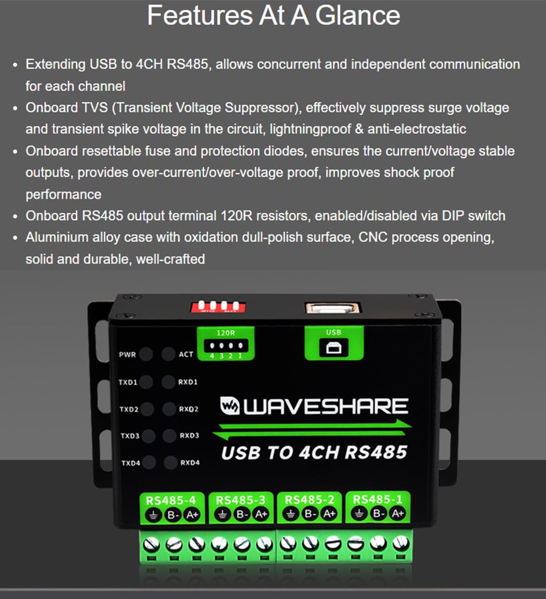 Industrial Usb To Rs485 Converter Extending Usb To 4Ch Rs485, 1200Bps ~ 460800Bps Baudrate, Transmission Distance Up To 1.2Km, C