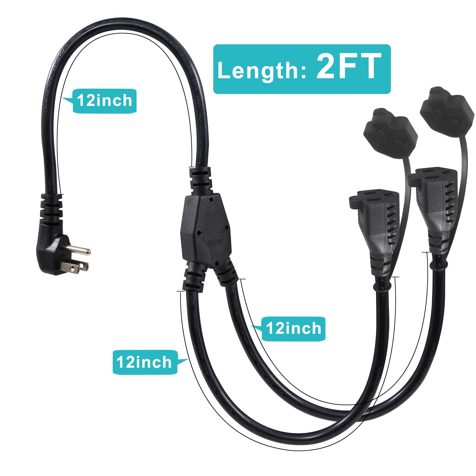 2Ft Outdoor Extension Cord Splitter   90 Degree Flat Plug Black 2 Way Waterproof Power Cord Y Splitter,1 To 2 Extension Cord, 12