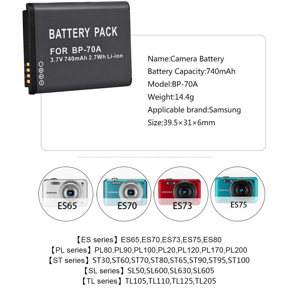 Tenberly 3 Pack BP-70A Replacement Batteries with Charger for Samsung WB30F DV150F MV800 ES70 PL20