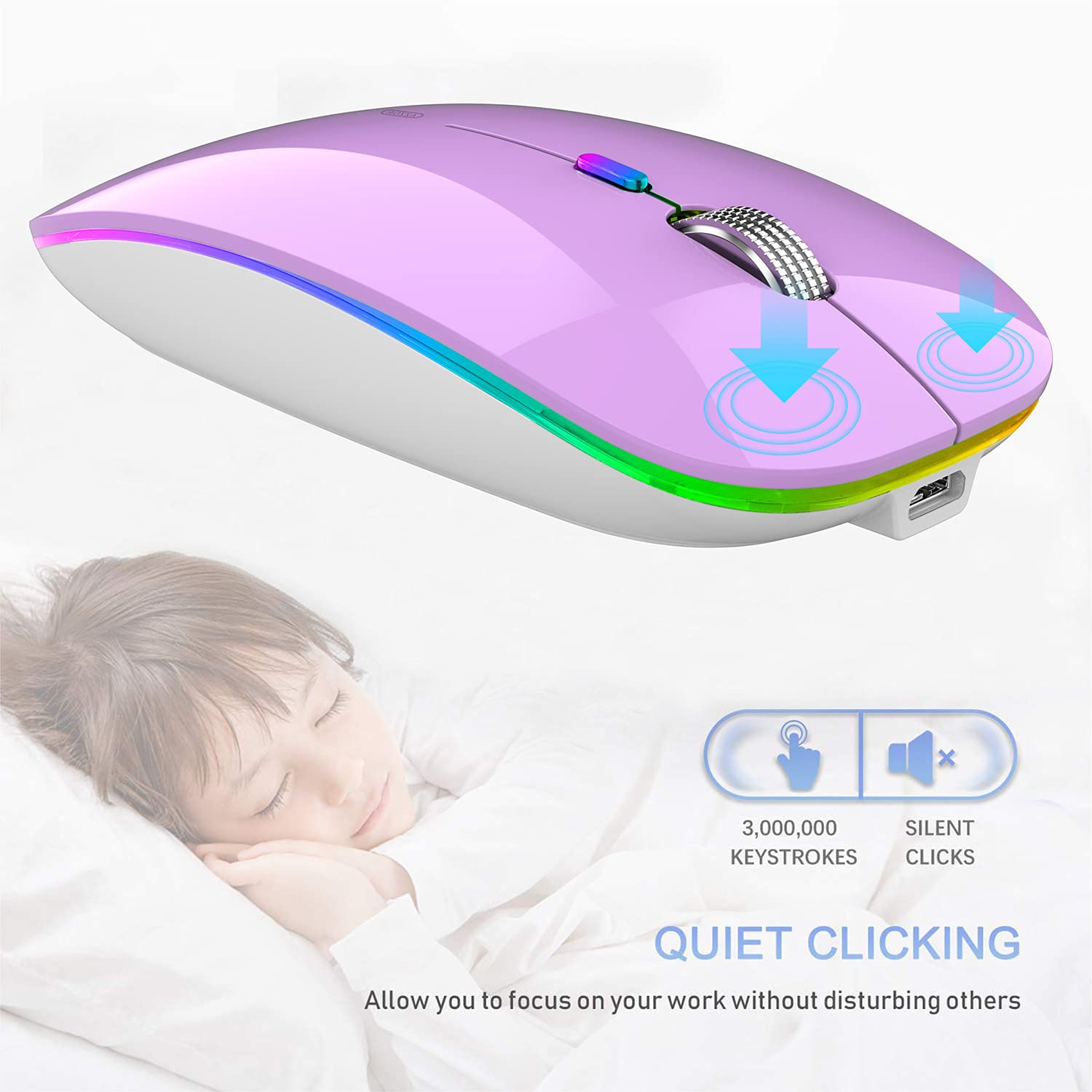 Tenmos Wireless Bluetooth Mouse, Led Slim (Bluetooth 5.1 + Usb) 2.4Ghz Rechargeable Silent Bluetooth Wireless Mouse With Type C Adapter For Laptop/Macbook/Ipad Os 13 And Above (Purple)