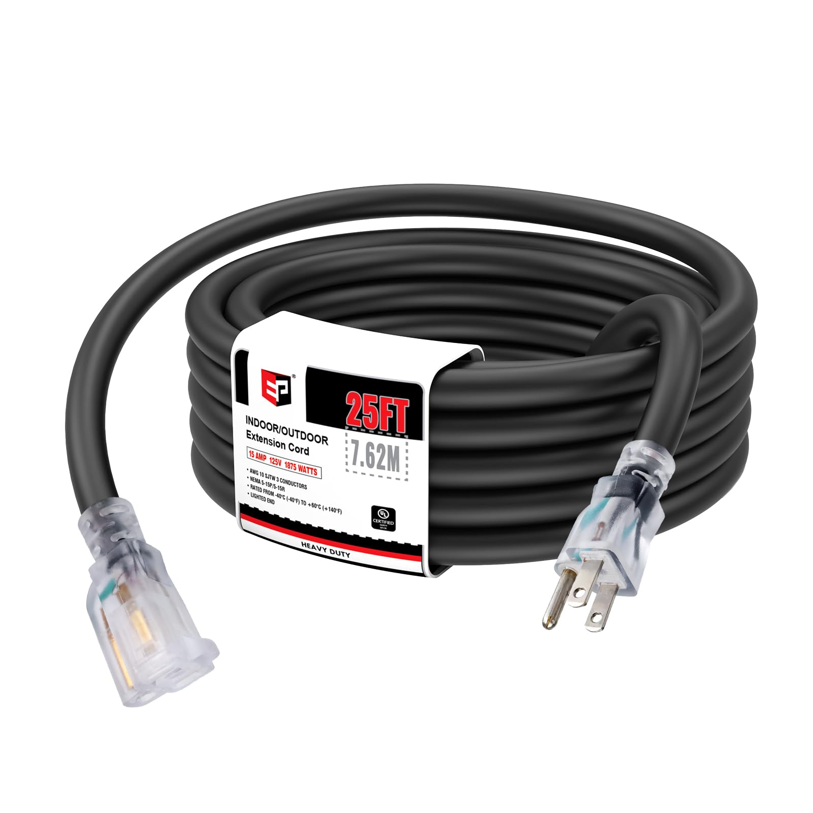 Ep 25 Ft Lighted Outdoor Extension Cord   10/3 Sjtw Heavy Duty Black Extension Cable With 3 Prong Grounded Plug For Safety, Ul L