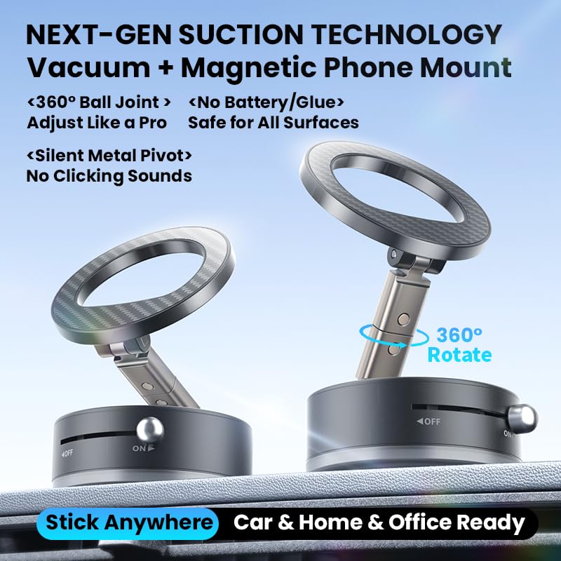 Uceento Upgraded 360 Vacuum Magnetic Phone Holder, Suction Cup Phone Mount, Foldable Strong Magnetic Cell Phone Holder For Car/G