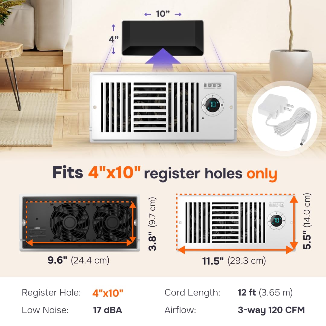 Airbrick Smart 4'' X 10'' Ac Vent Register Booster Fan With Remote Control And Thermostat. Enhances Hvac Airflow For Heating, Co