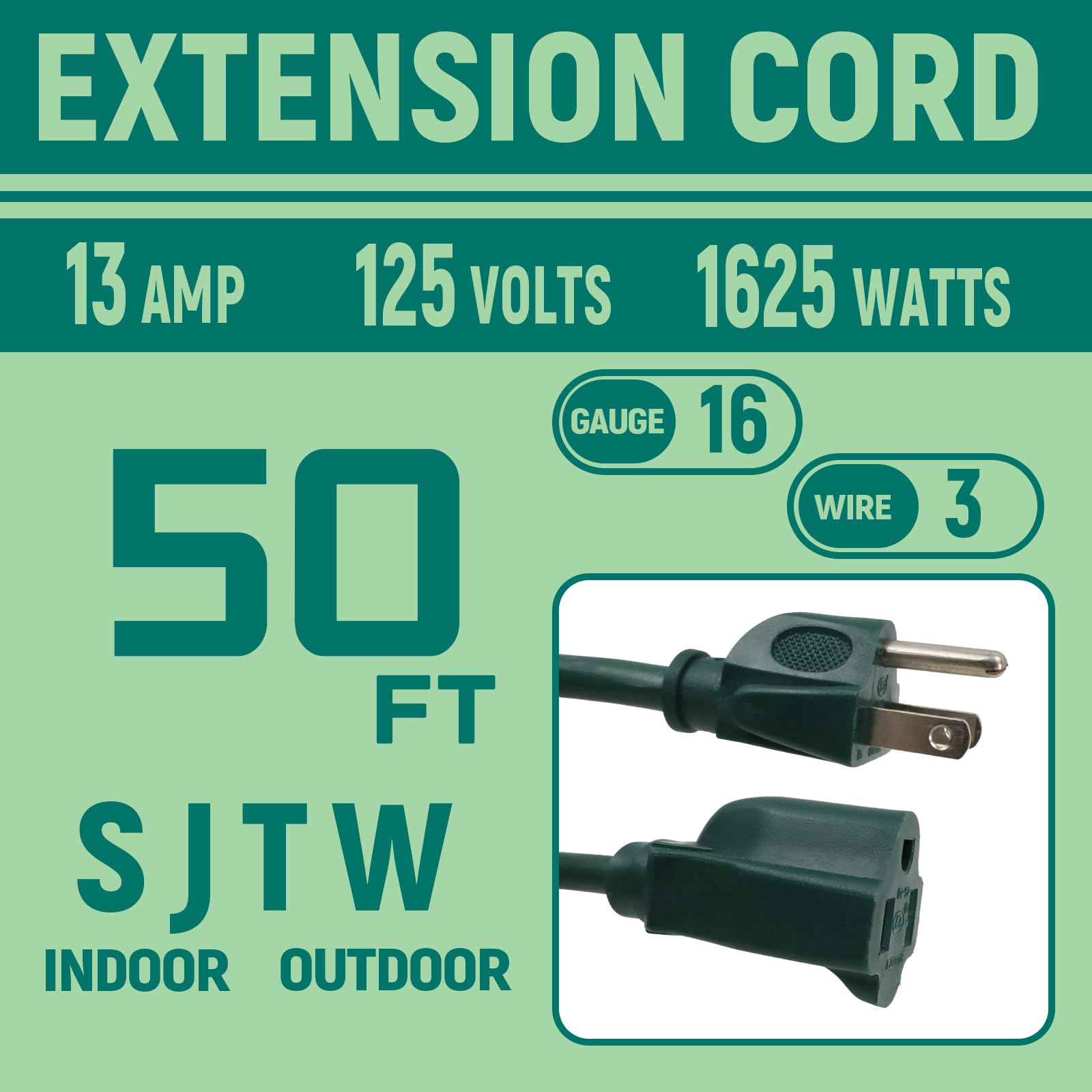 Greenprosper 50 Ft Indoor Outdoor Green Extension Cord, 16 Gauge Waterproof Electrical Power Cable, 16/3 Sjtw 3 Prong Grounded P