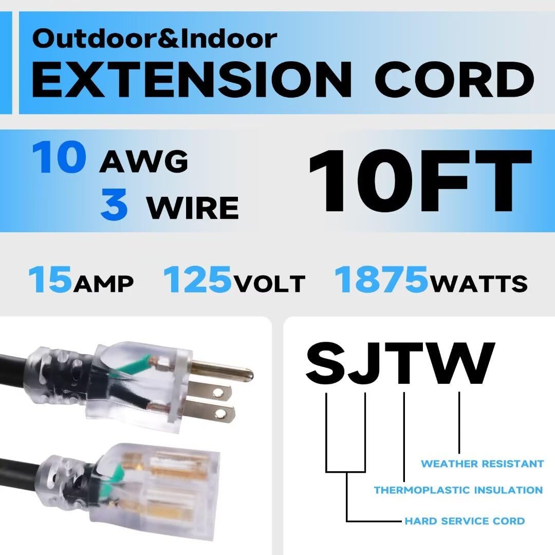 Greatide 10 Ft Lighted Outdoor Extension Cord   10/3 Sjtw Heavy Duty Black Extension Cable With 3 Prong Grounded Plug For Safety