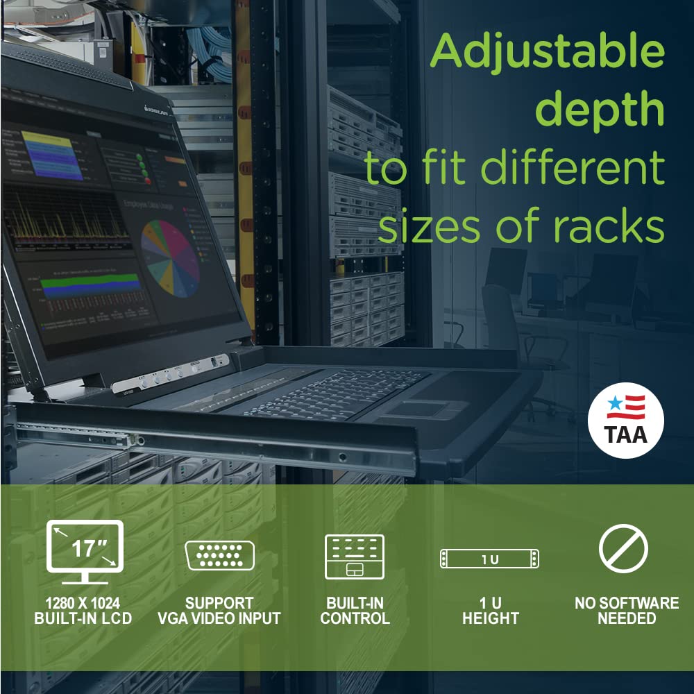 Iogear Rba1025 1 Port Integrated Kvm Console With 17 Inch Tft Lcd Active Matrix Monitor, Keyboard And Touchpad, Gcl1800, Black