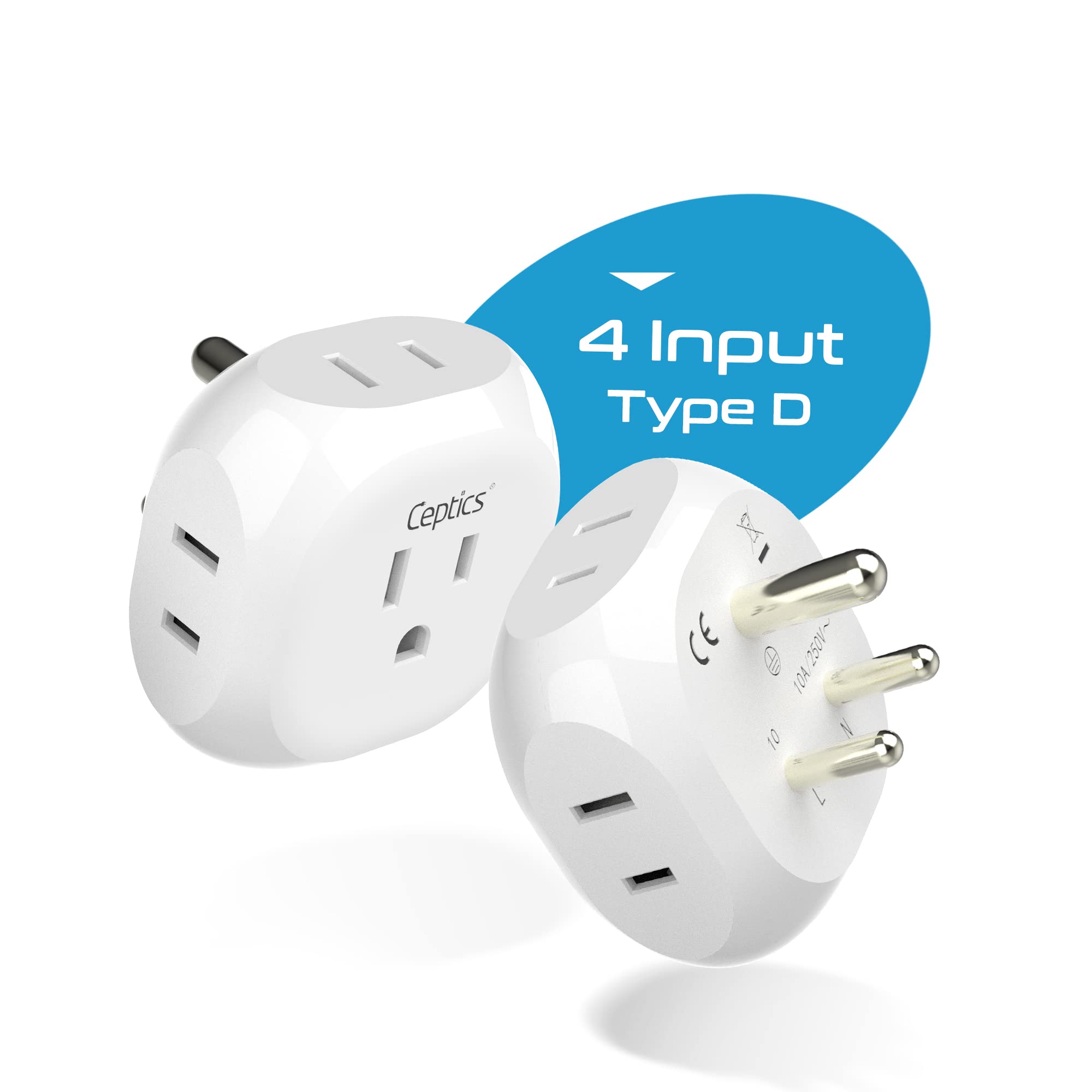 Ceptics India, Pakistan Travel Adapter - 4 Input - Ultra Compact - Light Weight - Usa To Any Type D Countries Such As Bangladesh
