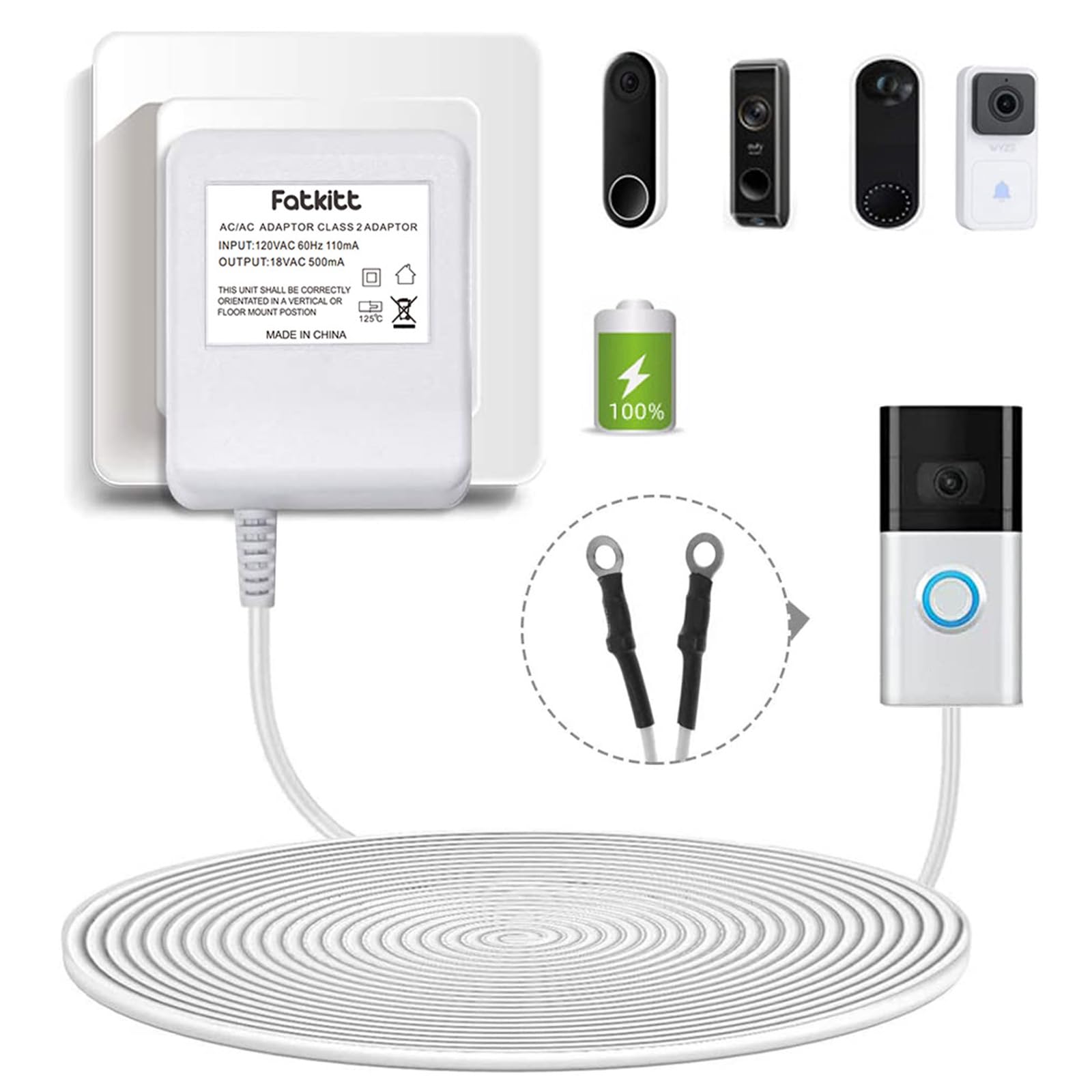 Fatkitt 18V Doorbell Transformer, Power Supply Adapter Compatible With Nest Hello Video Doorbell, Arlo And Eufy Doorbell, 18 Vol