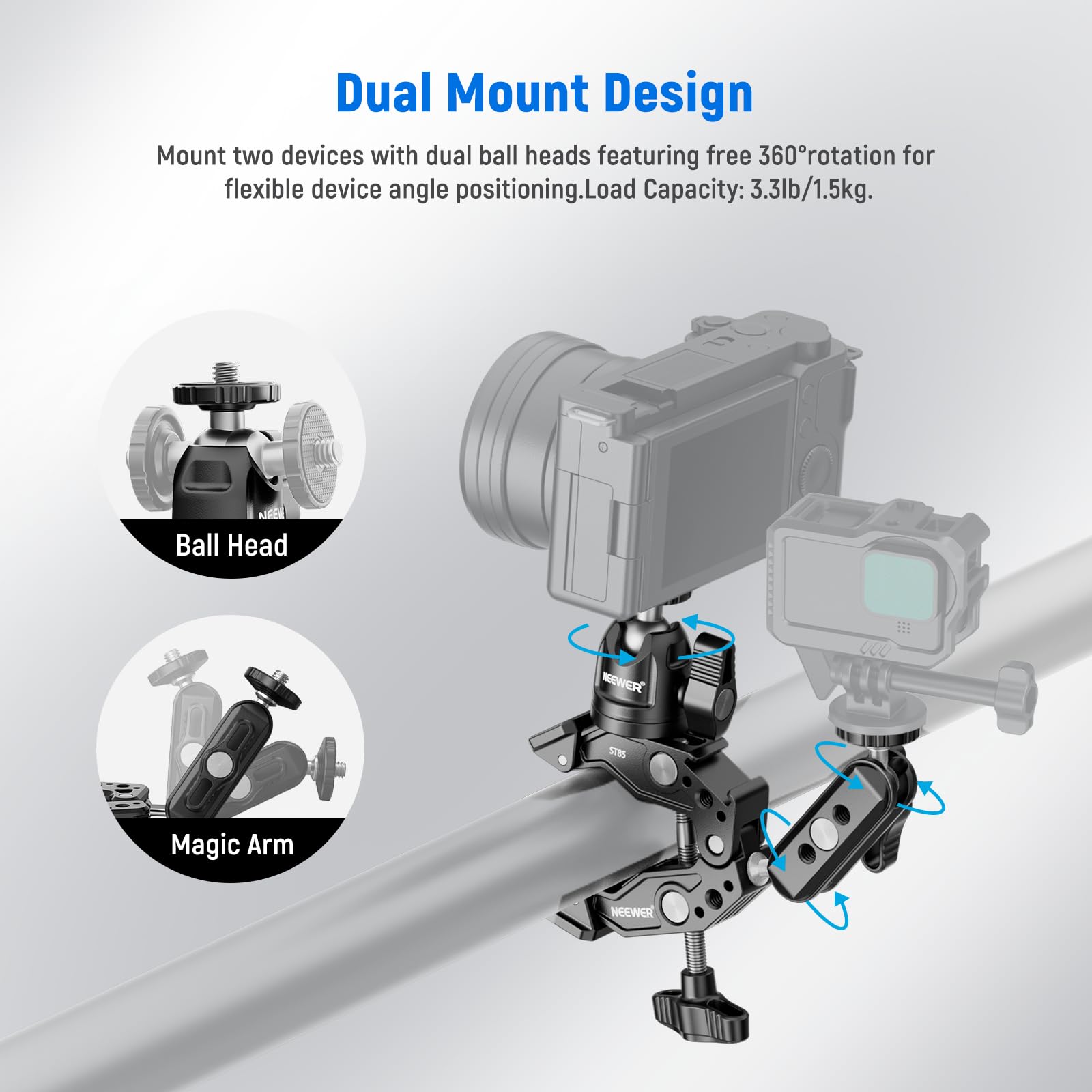 Neewer Super Clamp With 3'' Dual Ballhead Magic Arm, Ball Head Adapter, Cold Shoe, Phone Holder, Action Camera Clamp Mount For F