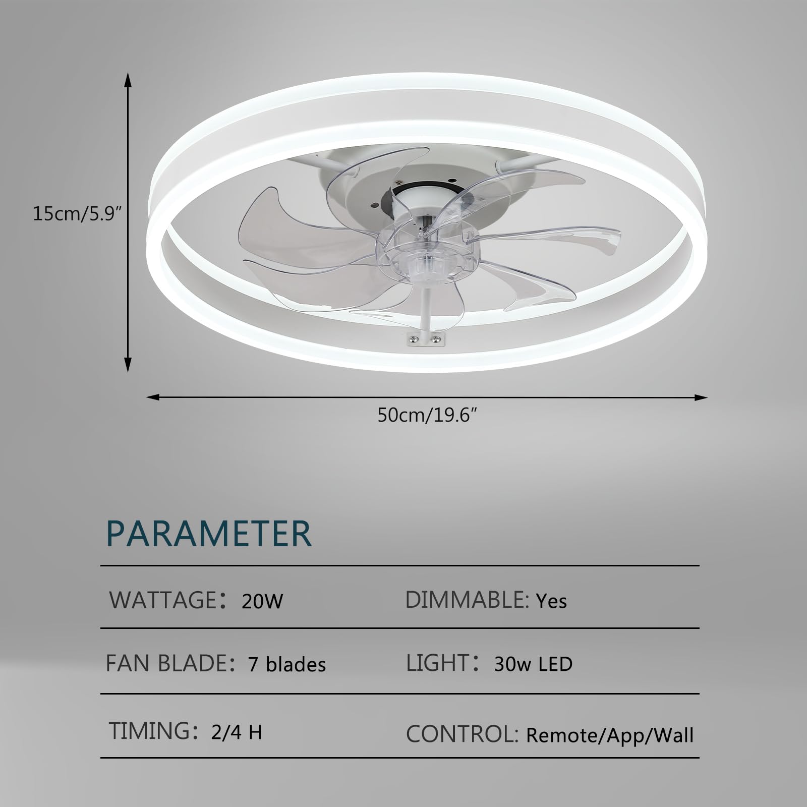 20'' Acrylic Low Profile Ceiling Fans With Lights And Remote, Dimmable Led Fandelier Ceiling Fan, Modern Bedroom Ceiling Fan Wit