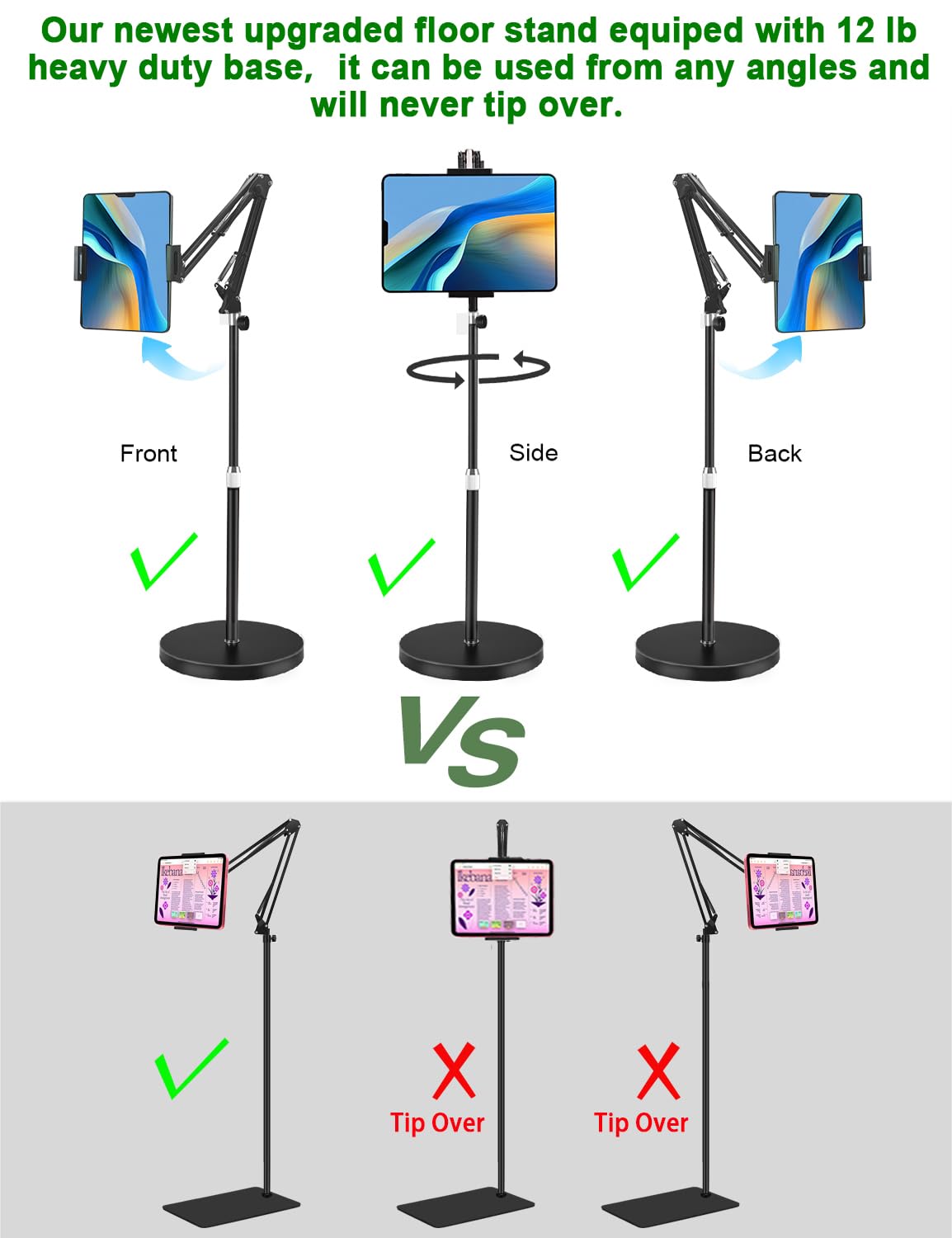Tablet Floor Stand, Overhead Bed Phone Stand Angle/Height Adjustable &12 Lb Super Stable Base, E Books Stand Compatible With Iph