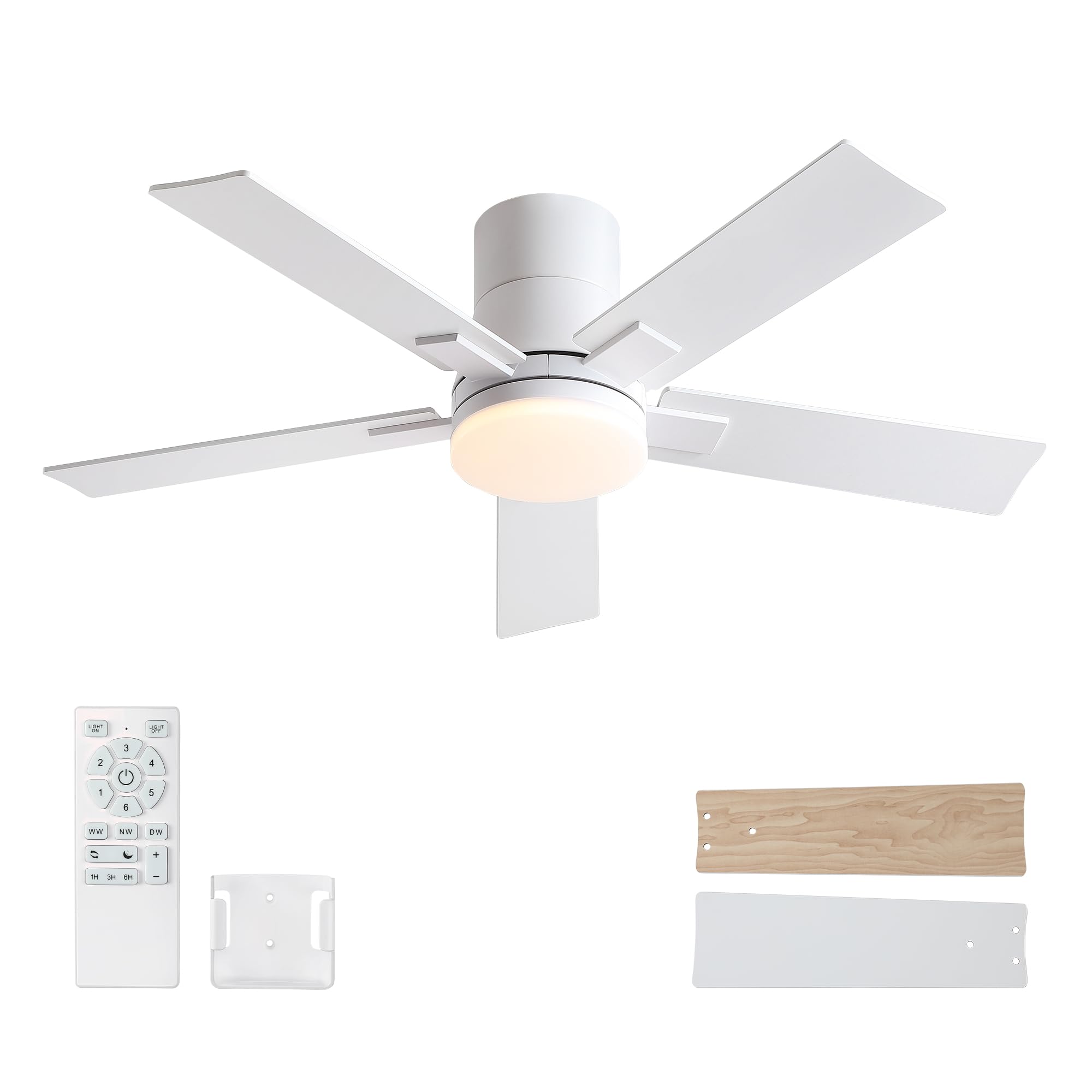 42 Inch Ceiling Fans With Lights And Remote,Flush Mount White Ceiling Fan With 5 Blades,6 Speed Reversible Dc Motor,3Cct Dimmabl
