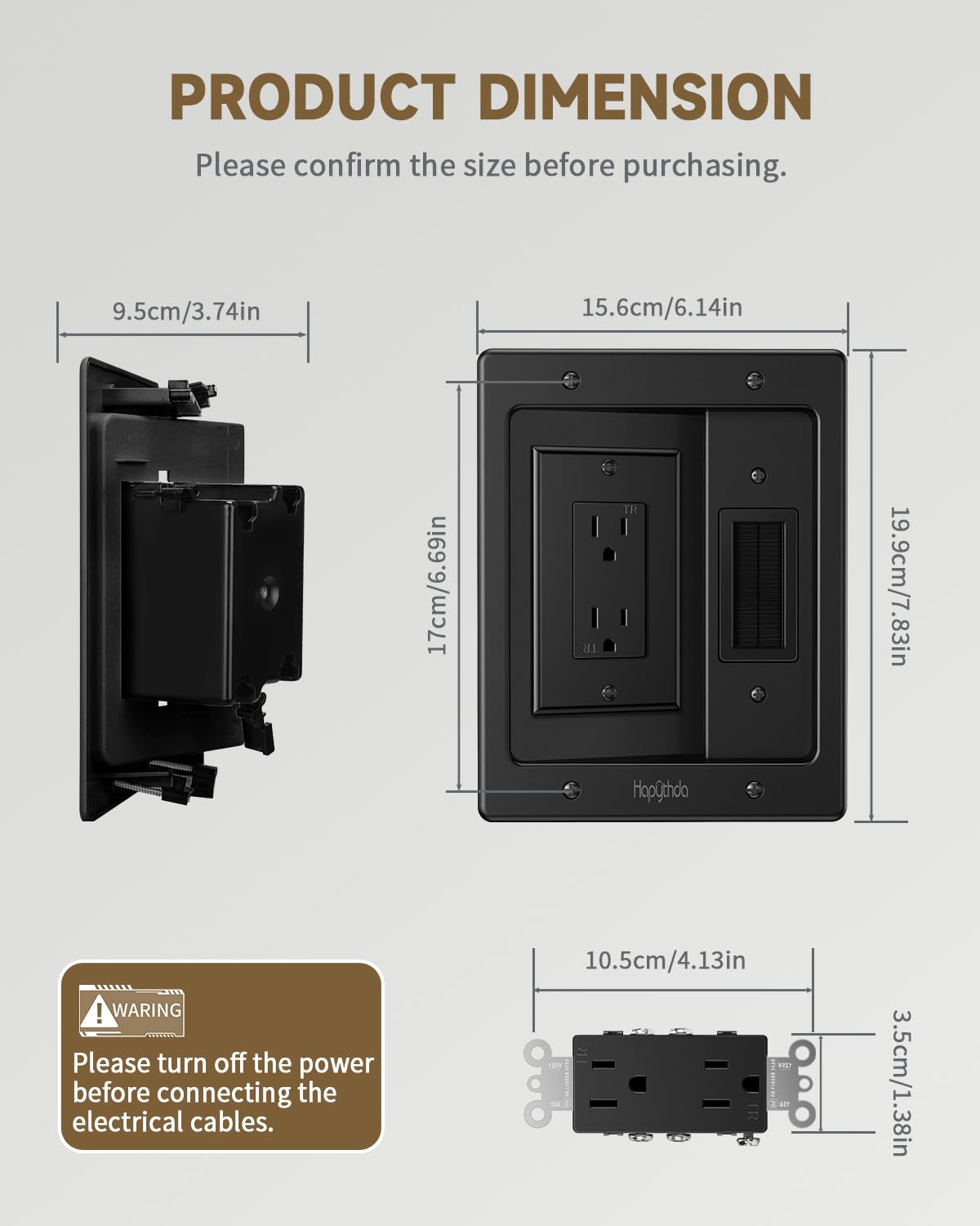 HAPYTHDA In Wall Cable Management Kit Recessed Outlet for TV Power Brush Plate Plastic Black