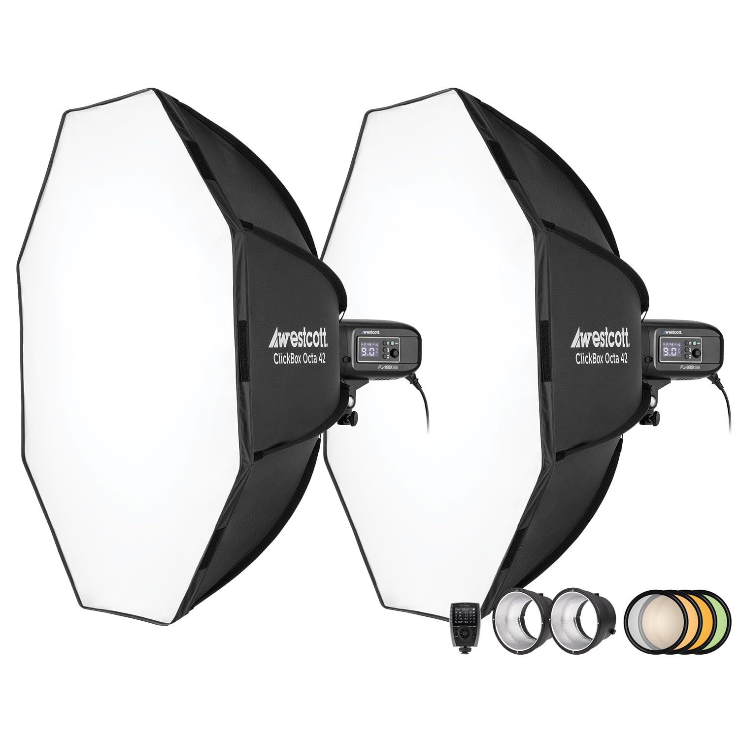 Westcott FJ400-SE 400Ws AC Studio Strobe 2 Light Kit with Universal Trigger and 2 Octa Softboxes - Fast Recycle, 5500K Color, LE