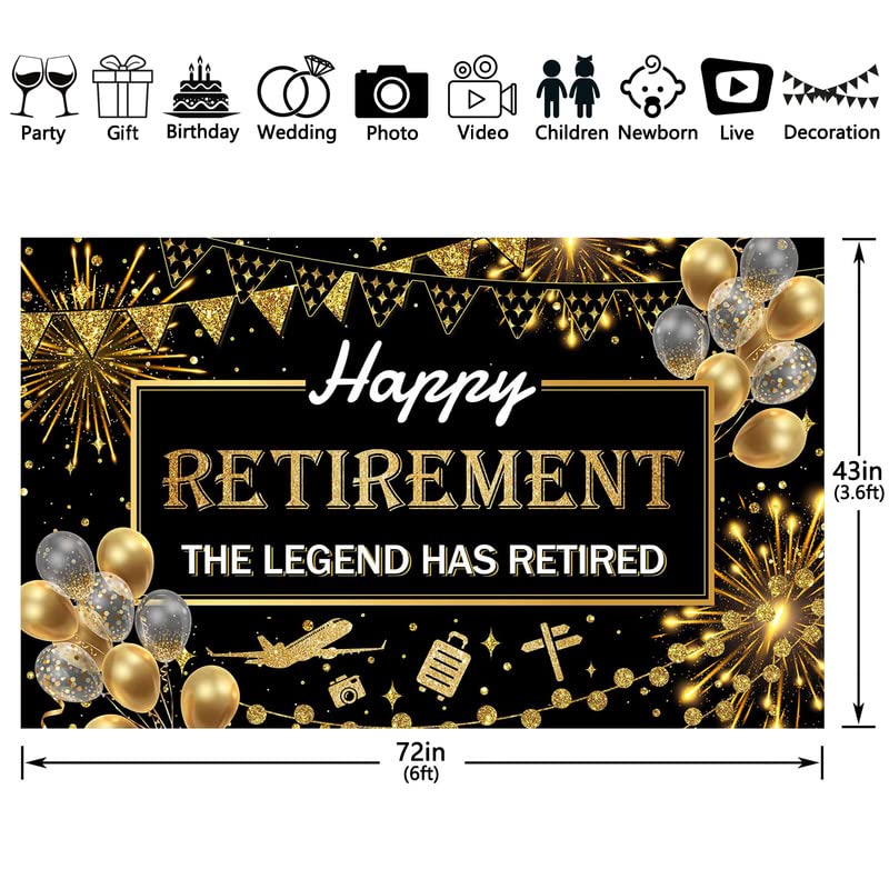 Ycucuei 72X43Inch Happy Retirement Backdrop Black And Gold Glitter Balloon The Legeng Has Retired Background For Men And Women P