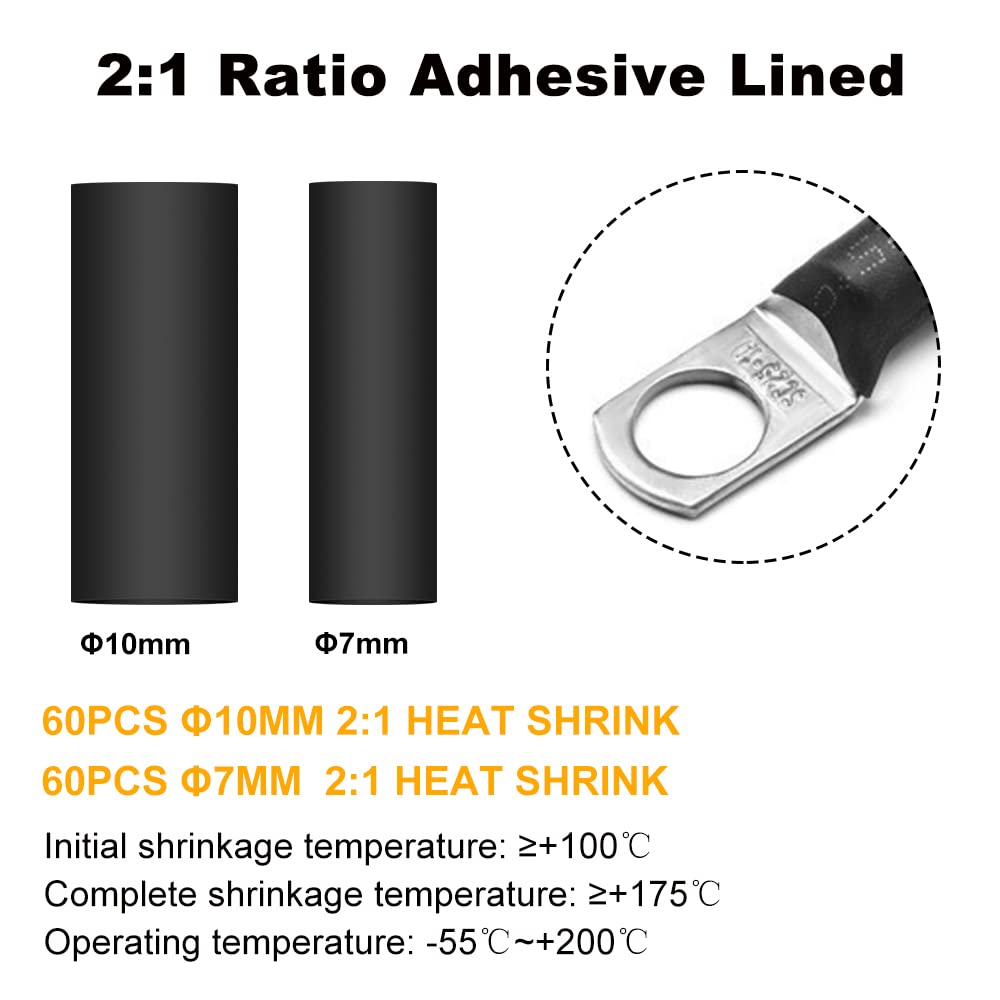 Zhushan 100Pcs Tinned Copper Wire Lugs Kit, Heavy Duty Wire Battery Lugs Cable With 120Pcs Heat Shrink Tube,Crimp Battery Cable