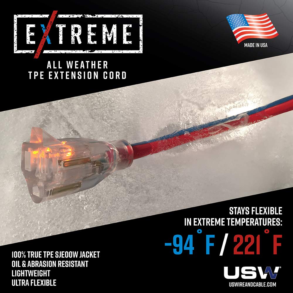 Us Wire 99025 12/3 25 Foot Sjeow Tpe Cold Weather Extension Cord Blue With Lighted Plug