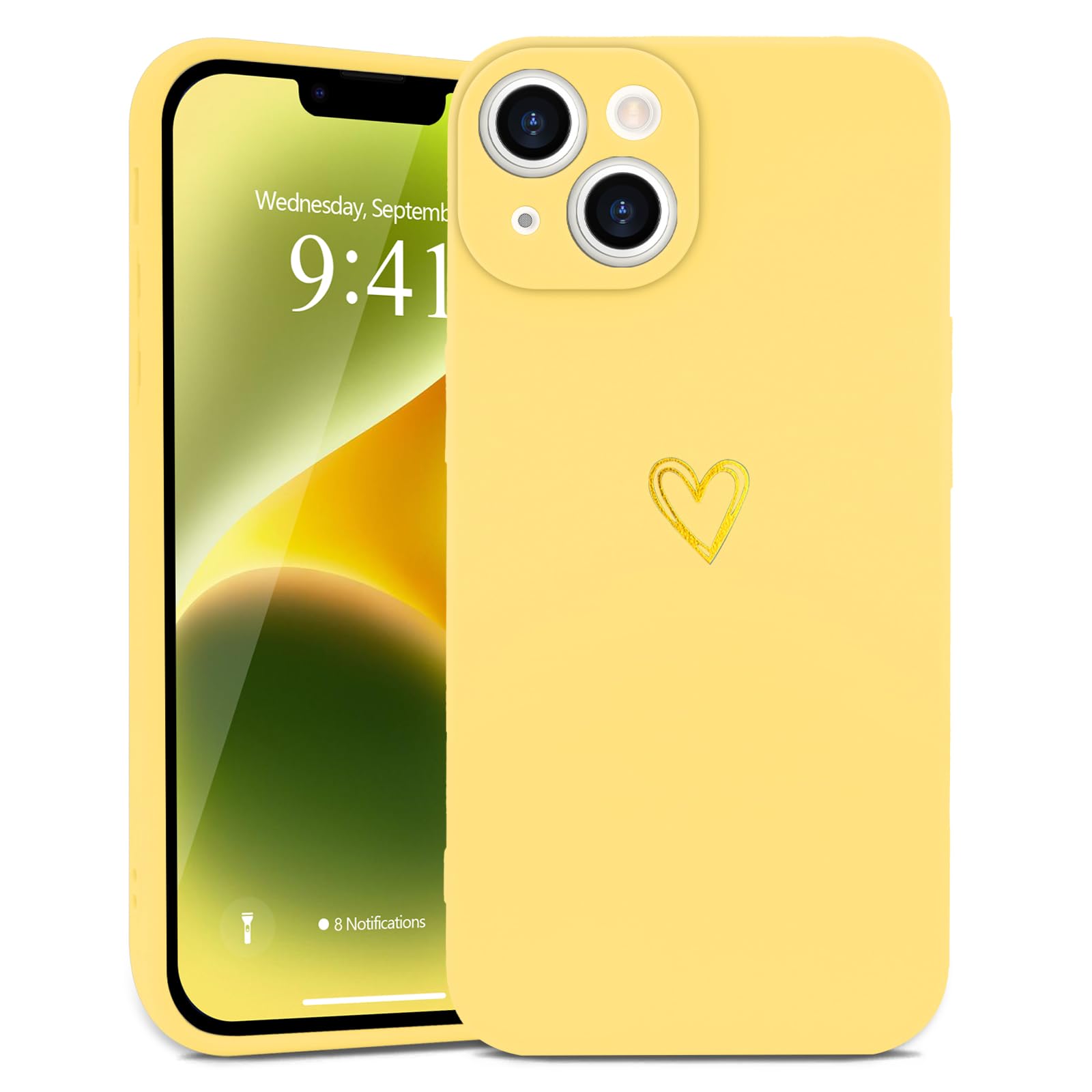 Wirvyuer For Iphone 14 Case Cute Heart Pattern Soft Shockproof Slim Protective Silicone Phone Case Cover For Women Girls, Yellow